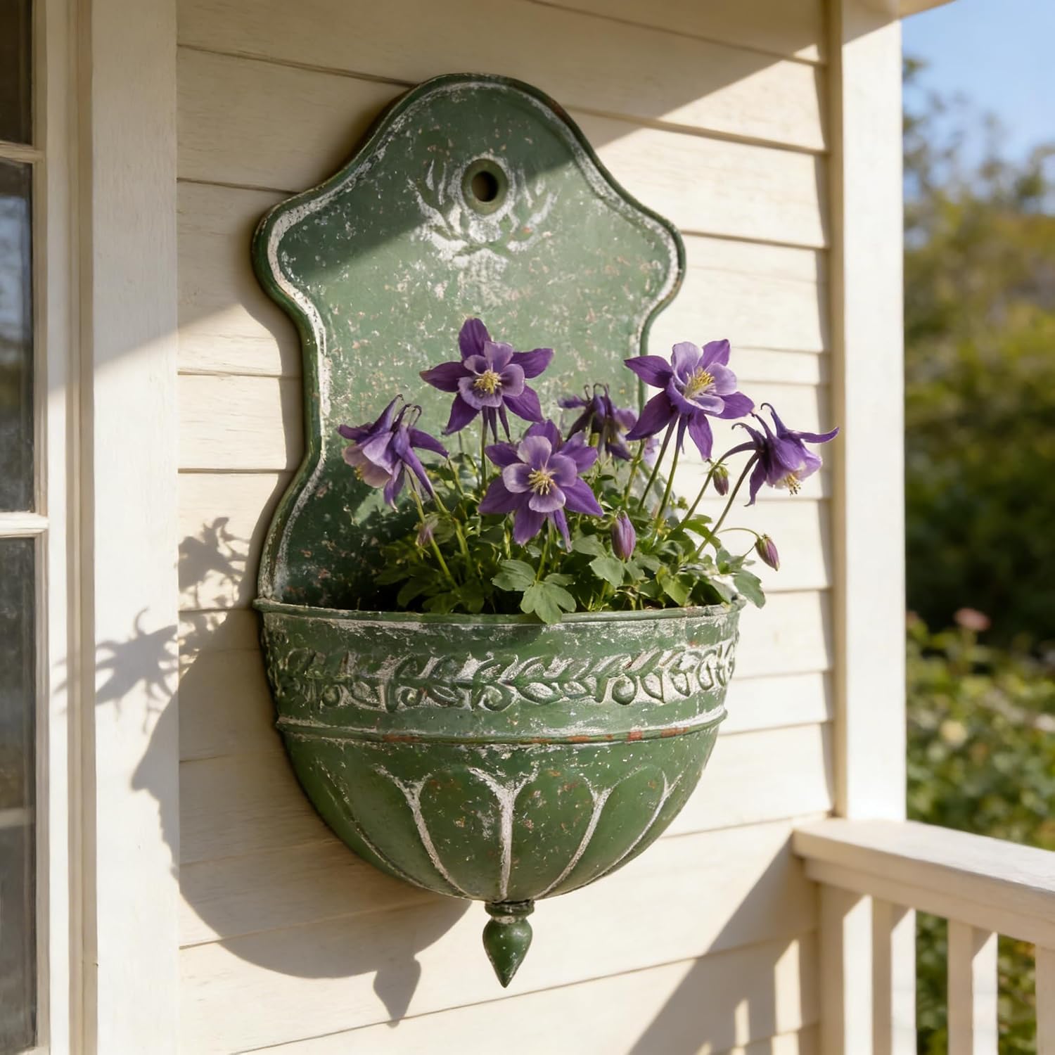 Vintage Distressed Green Metal Wall Planter, Rustic Hanging Pocket Planter with Scrollwork & Scalloped Design