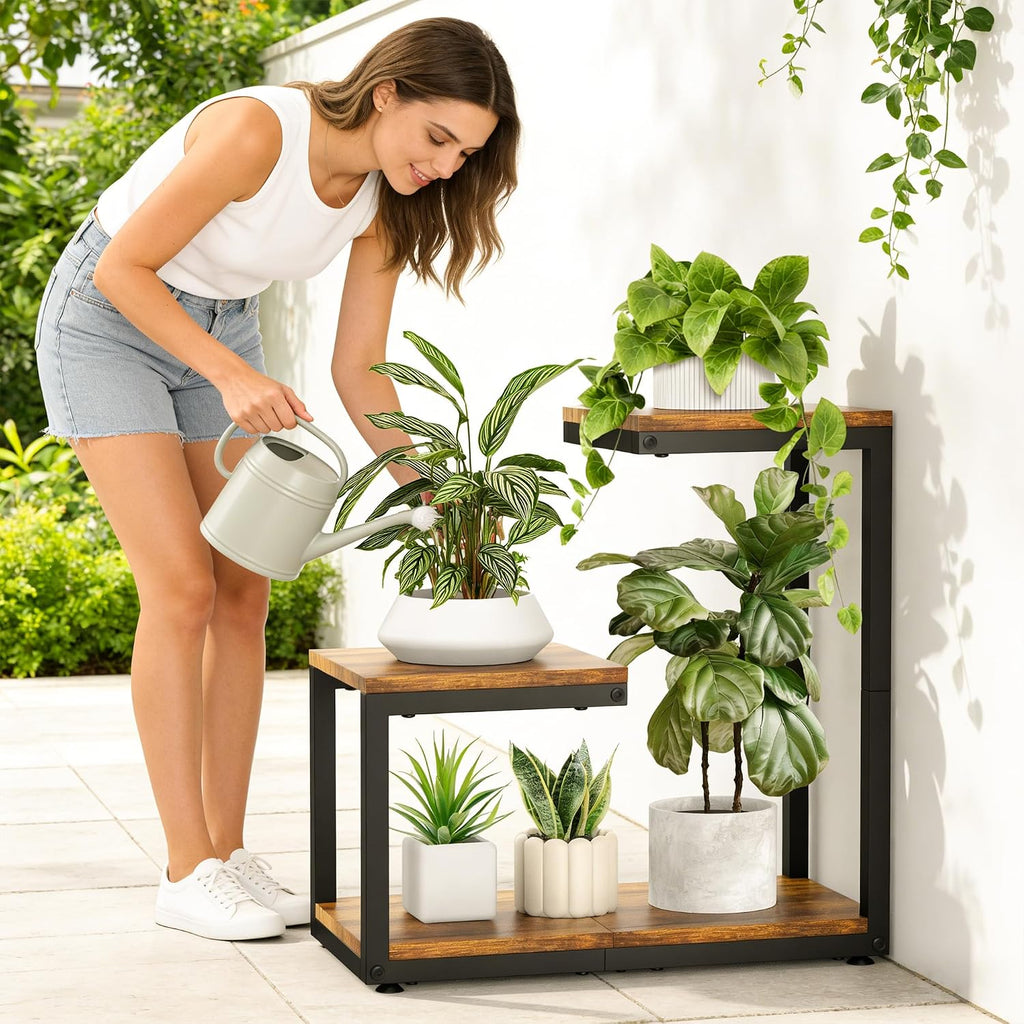 3 Tier Plant Stand Indoor, Thickened Metal Wood Corner Plant Shelf Stands for Multiple Plants, Indoor Tall Plants Stand
