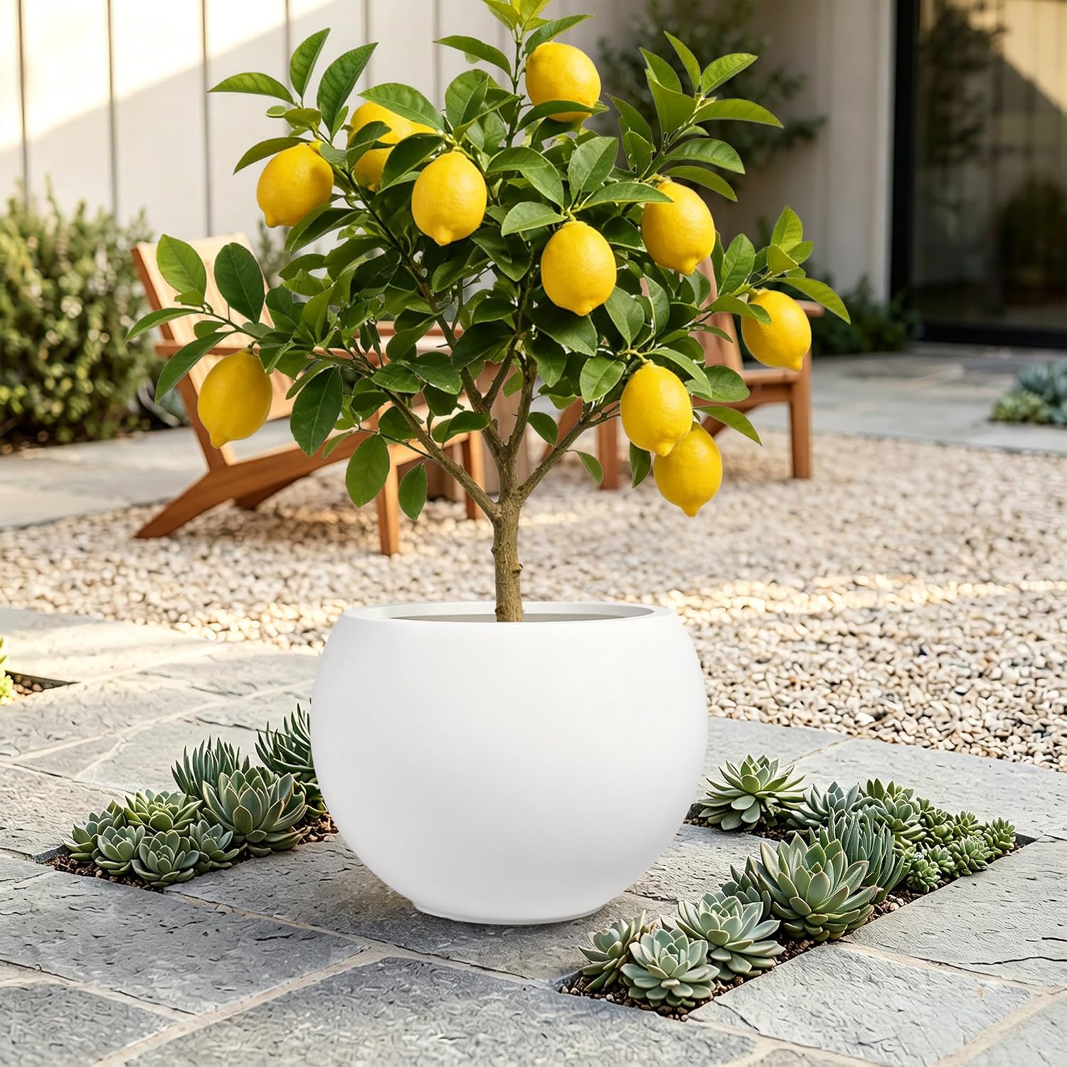10" H x 14" Dia White Fiberstone Planter Pot with Drainage Hole, Large Round Indoor Outdoor Flower Pot for Plants