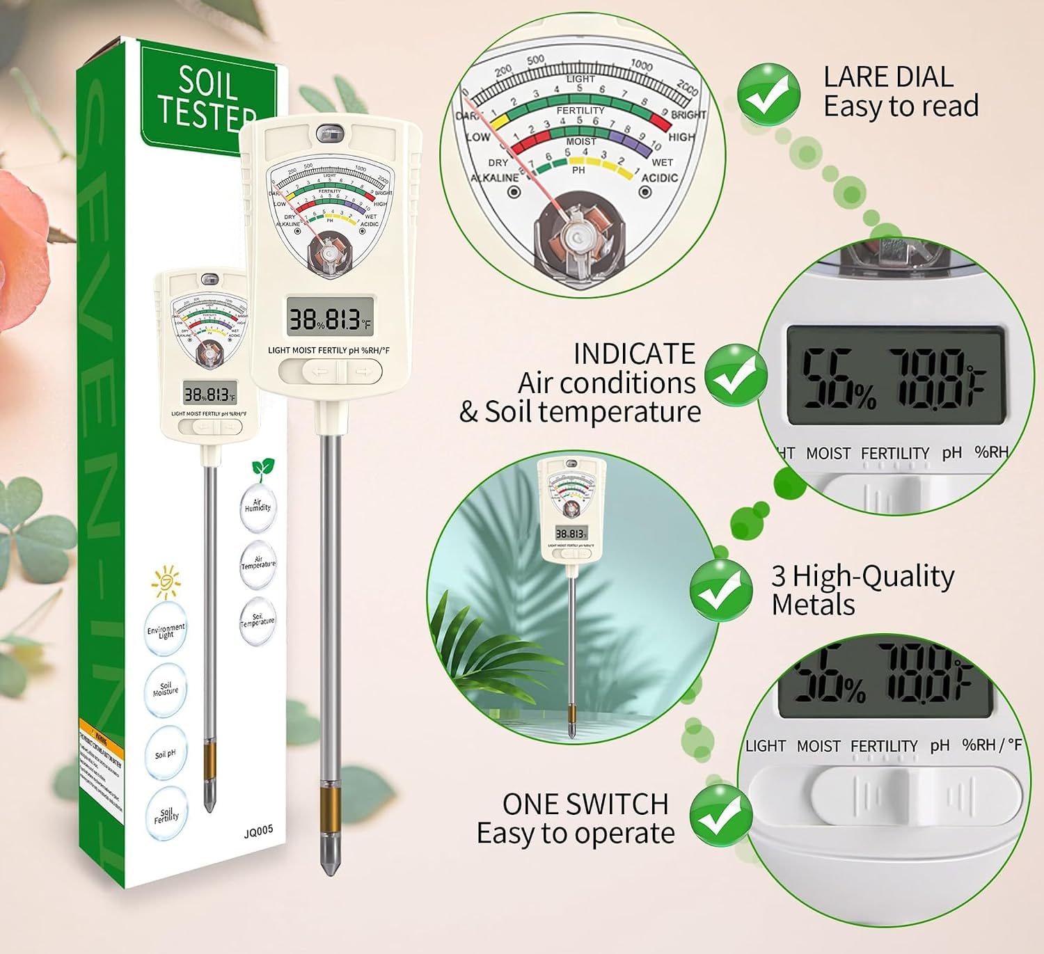 Soil Test Kit, 7-in-1 Soil Moisture Meter, Dual Screen Soil Tester, Moisture/pH/Temperature/Sunlight/Air