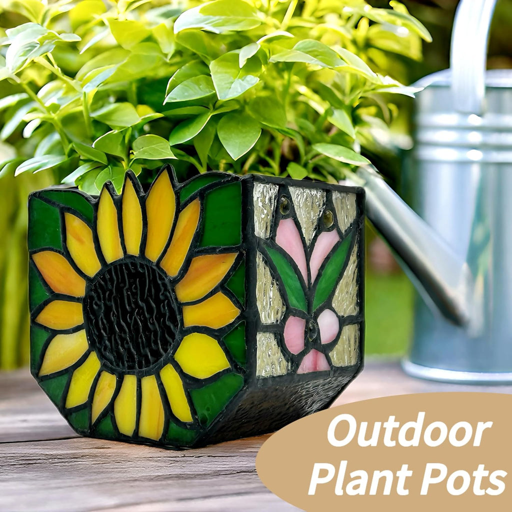 Stained Glass Sunflower Garden Planters,Indoor Plant Pots with Drainage,Unique Plant Pots for Dried Flowers,Sunflower