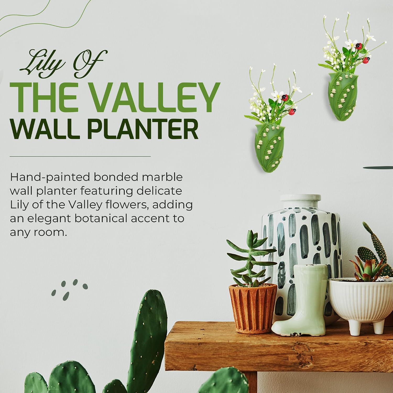 Lily of the Valley Wall Planter – Also Known as Mary’s Tears – Ibis and Orchid Designs – Hand Painted Bonded Marble – 7