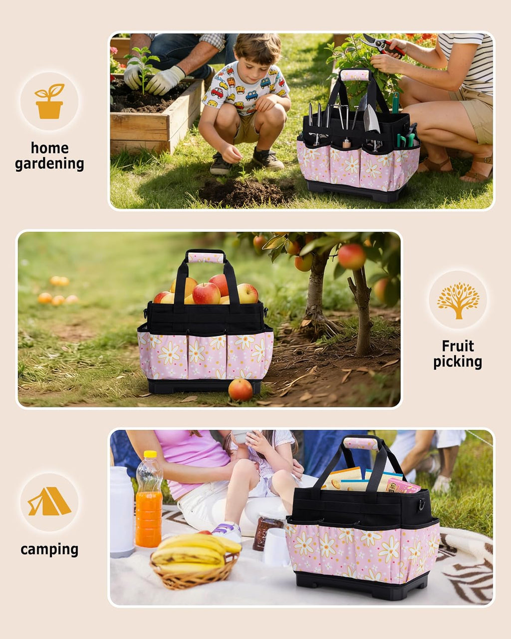 Marscamd Garden Tool Bag with Hard Bottom, Garden Tote with Shoulder Strap | Multiple Pockets, No Accessories Included