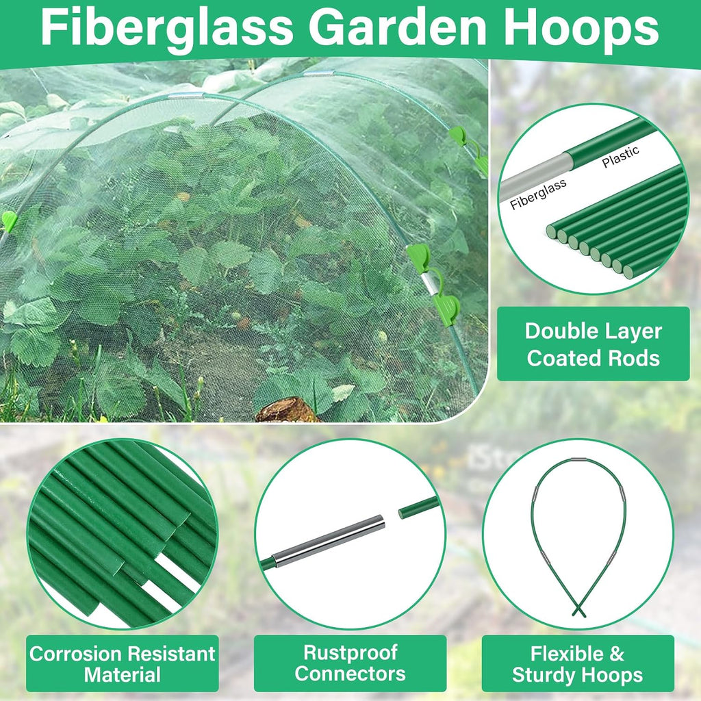 Garden Mesh Netting Kit for Raised Beds, 10x33FT Ultra Fine Mesh Netting& 6 Sets 8FT Fiberglass Garden Hoops, Insect