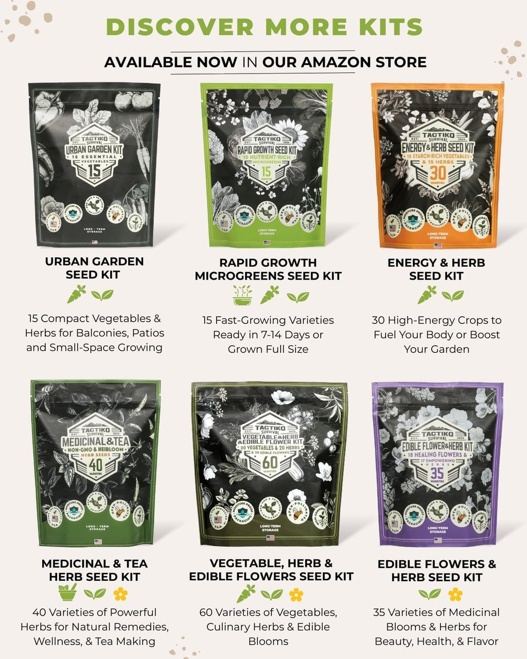Tactiko Vegetable, Herb and Fruit Seed Kit | 50 Varieties | 37,000+ Non-GMO