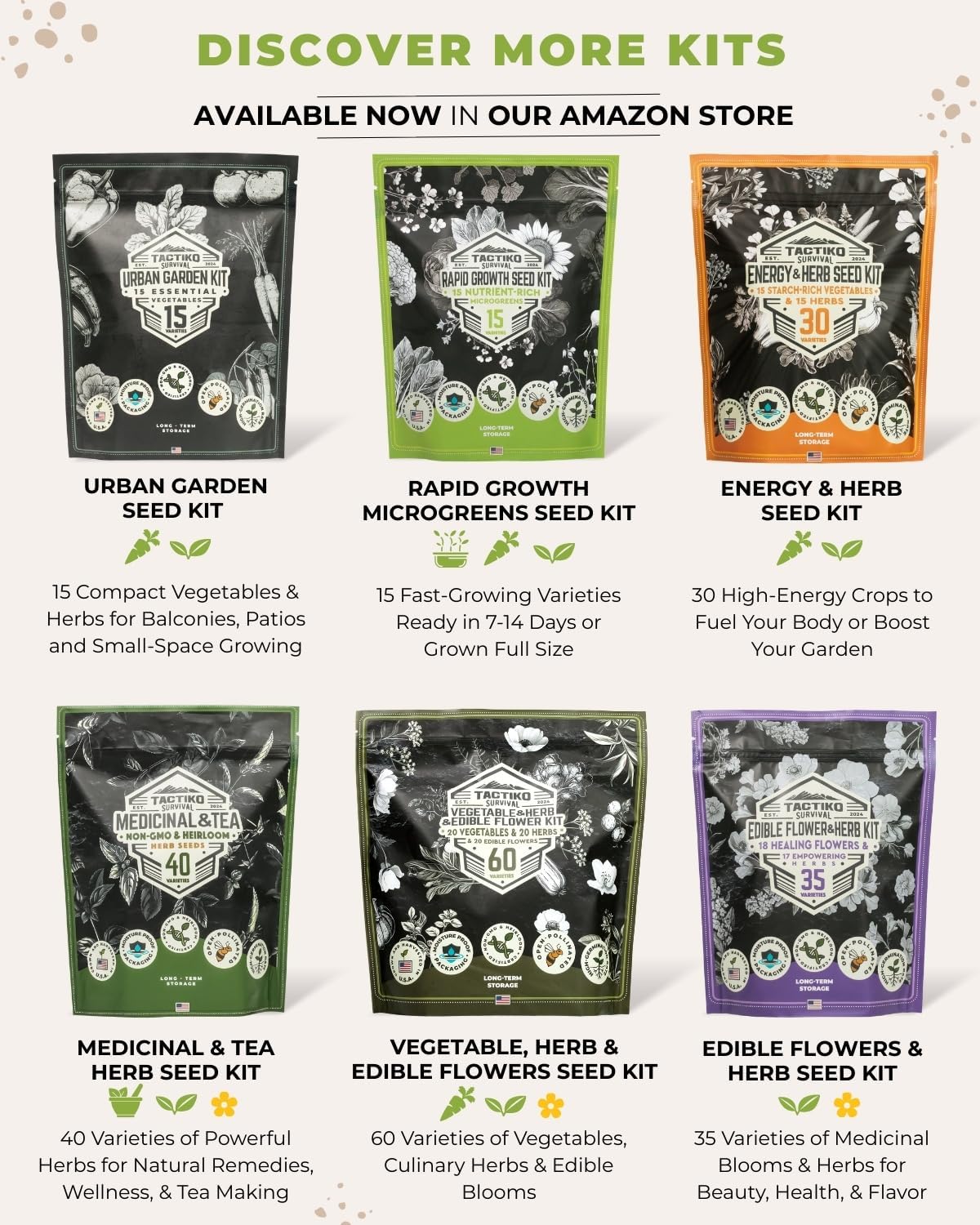 Tactiko Vegetable, Herb and Fruit Seed Kit | 50 Varieties | 37,000+ Non-GMO