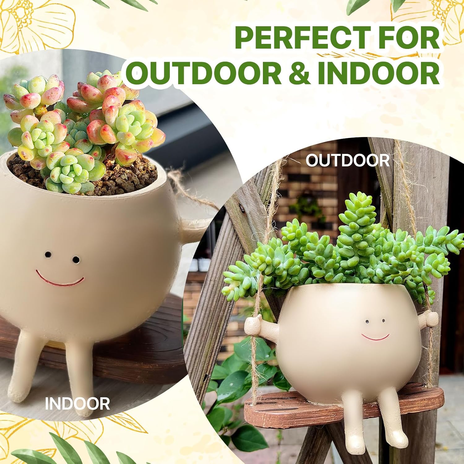 2 PCS Swinging Face Plant Pots 【Thicken Version】 Unique Cute Hanging Succulent Cactus Flower Head Resin Planters Pots