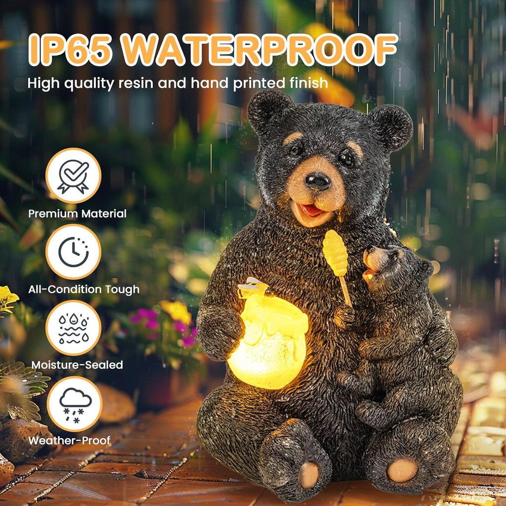 GIGALUMI Solar Garden Statues Bears 9" Black, Yard Decorations Outdoor | Loving Black Bear Decor, Bear Figurine Lights