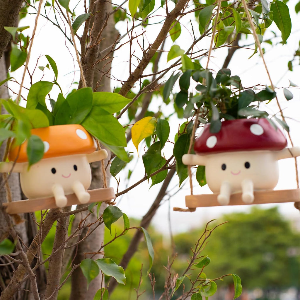 2pcs Mushroom Smily Swing Face Planter Pot Resin (Red&Yellow) | Cute Hanging Resin Flower Head Planter for Indoor
