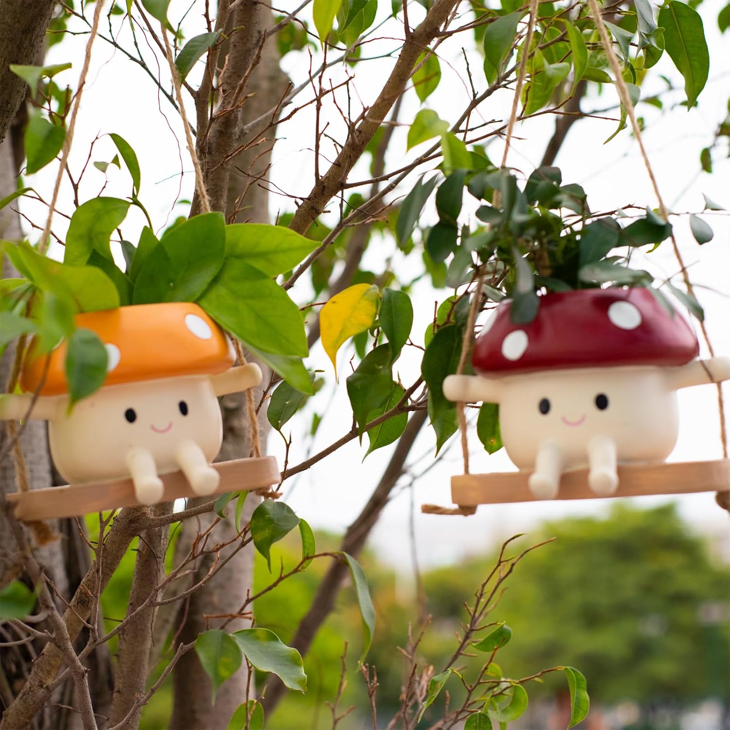 2pcs Mushroom Smily Swing Face Planter Pot Resin (Red&Yellow) | Cute Hanging Resin Flower Head Planter for Indoor