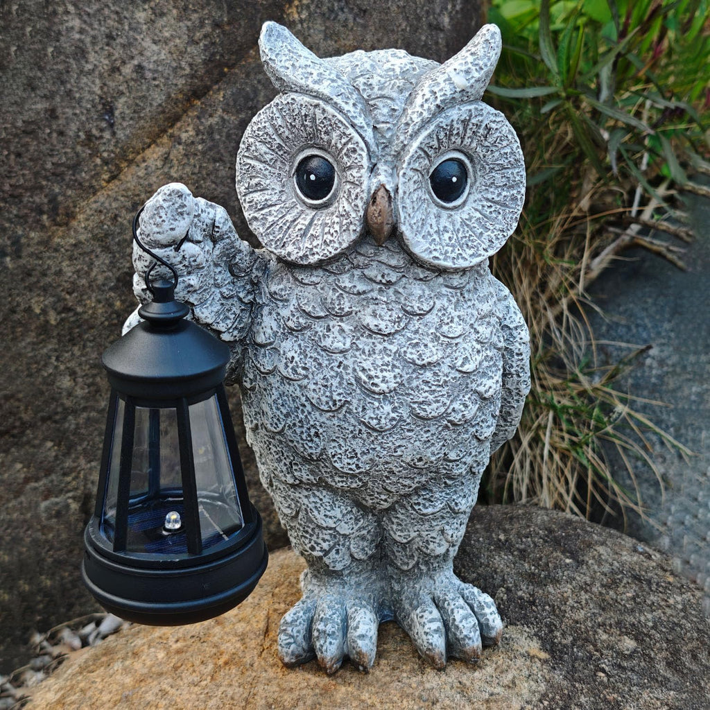 Solar Owl Garden Statue with LED Lantern, Waterproof Outdoor Resin Figurine (Grey Owl)