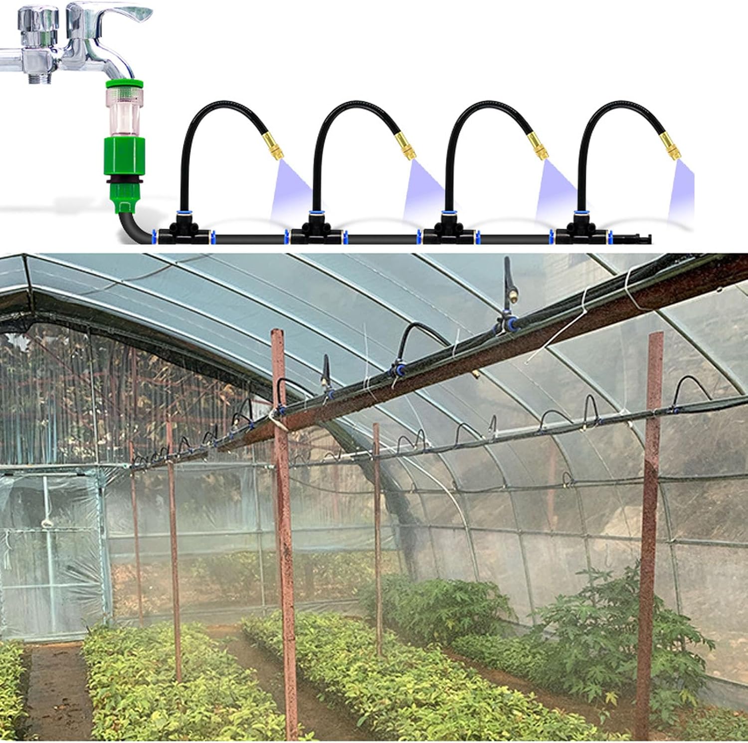 Automatic Greenhouse Drip Irrigation Kit – 20 Brass 360° Adjustable Nozzles, 65FT 1/2" Tubing & Misting System – Easy