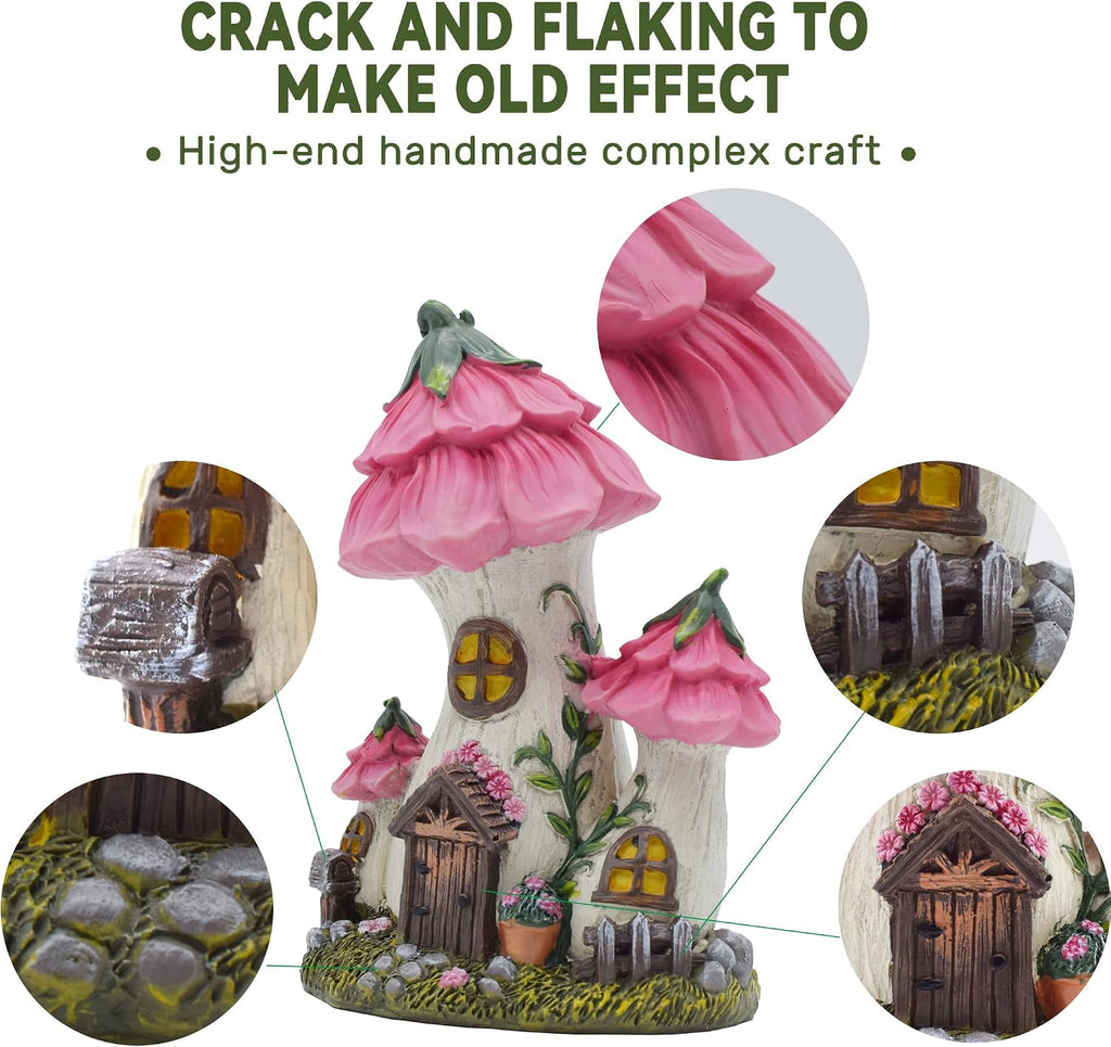 Pink Mushroom House Fairy Garden Statue,7.7 Inches | Resin Whimsical Figurine for Patio, Lawn, Yard, Outdoor & Indoor