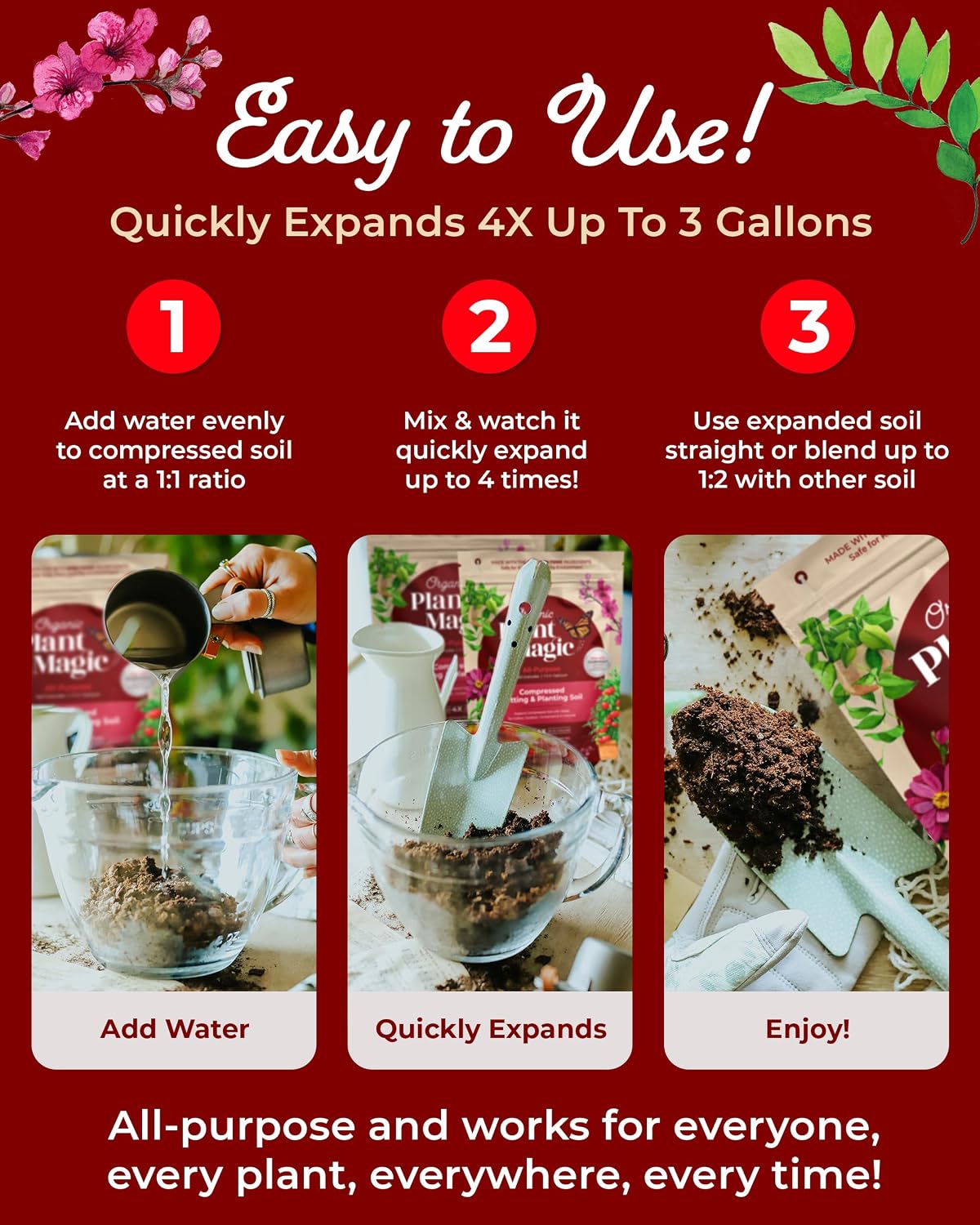 Compressed Organic Potting Soil for Garden, Plants & Vegetables - Expands 4x When Mixed with Water - Indoor or Outdoor