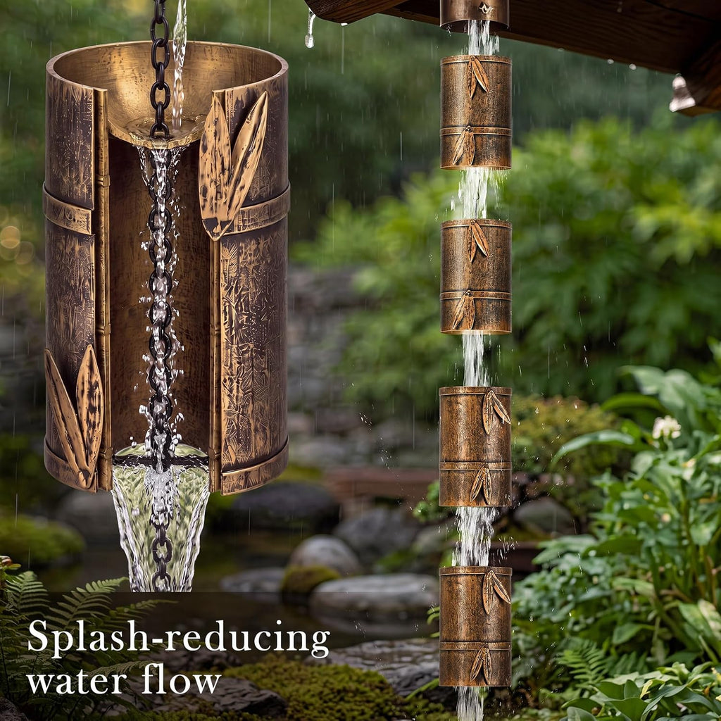8.5ft Rain Chain for Gutters Outside Splash-Proof with Anchor Basin Copper Color Bamboo Sign 13 Cups Rain Chain Catcher