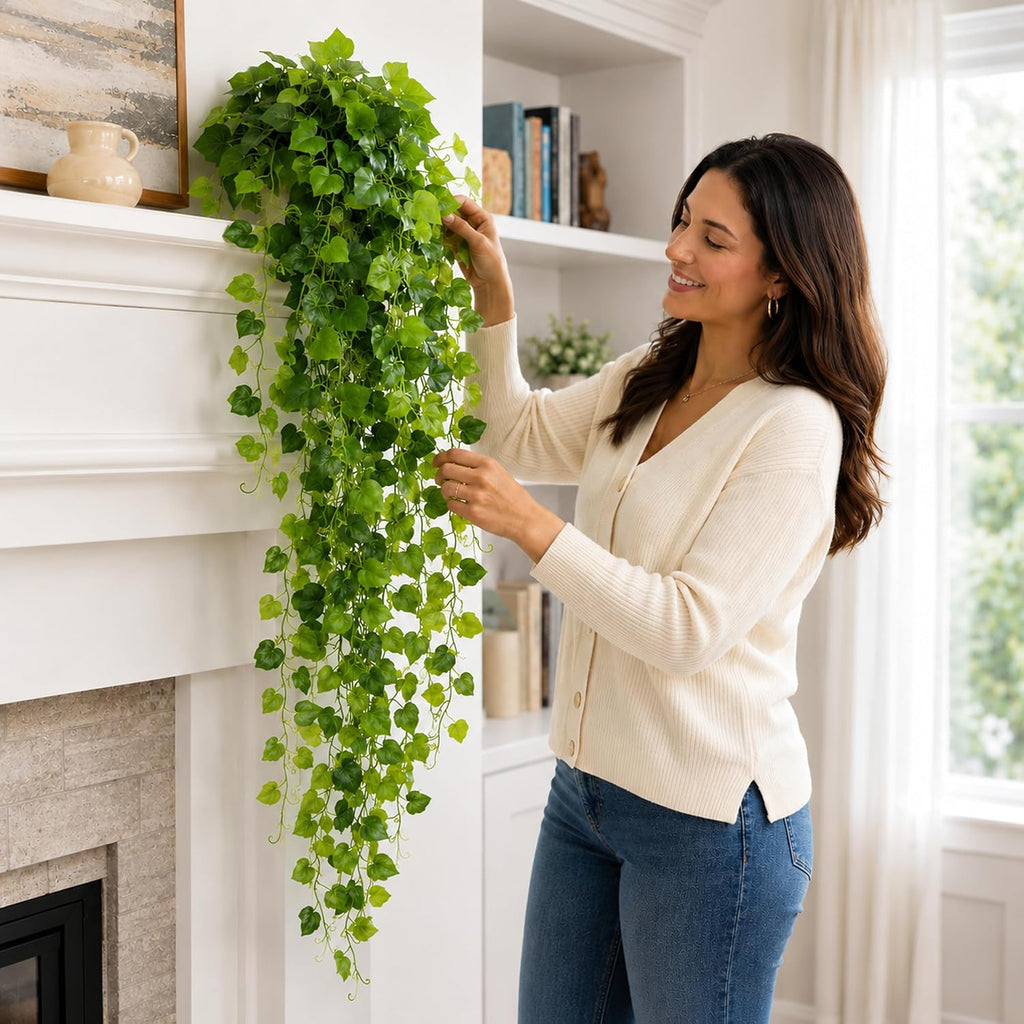 WHANLEY 36" Fake Pothos Hanging Plants in White Pots, 2 Pack Artificial Hanging Plants with 168 Leaves Each &