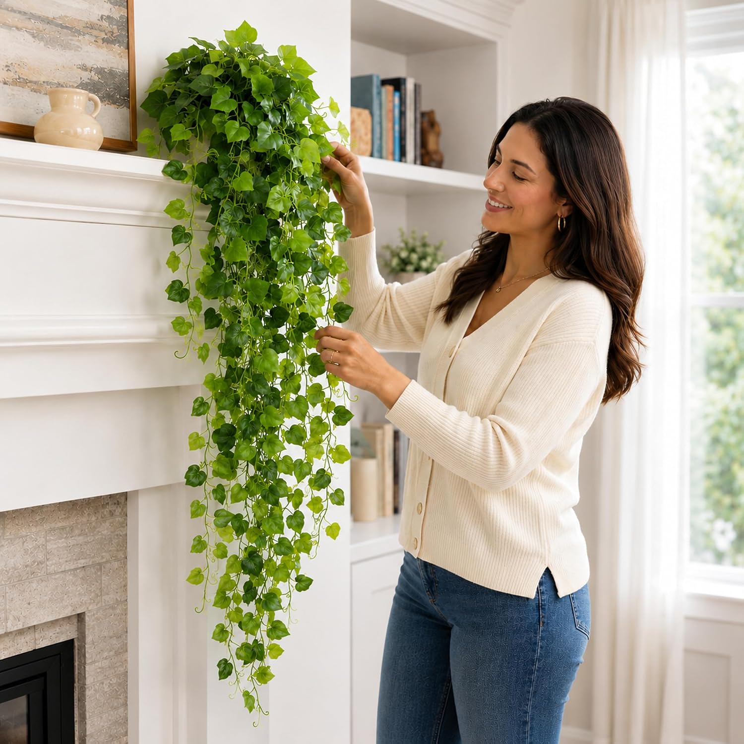 WHANLEY 36" Fake Pothos Hanging Plants in White Pots, 2 Pack Artificial Hanging Plants with 168 Leaves Each &