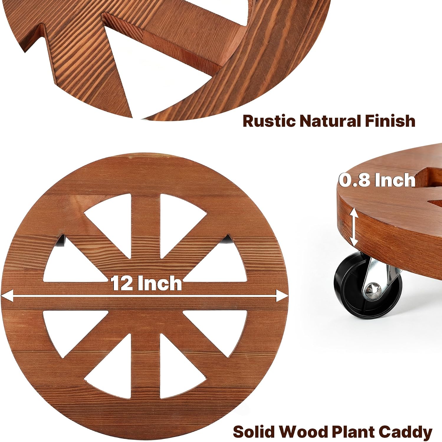 JVD 2 Pack Plant Caddy with Wheels 12'' Wood Rolling Plant Stand Outdoor Brown | Plant Stand 360° Lockable Wheels Heavy