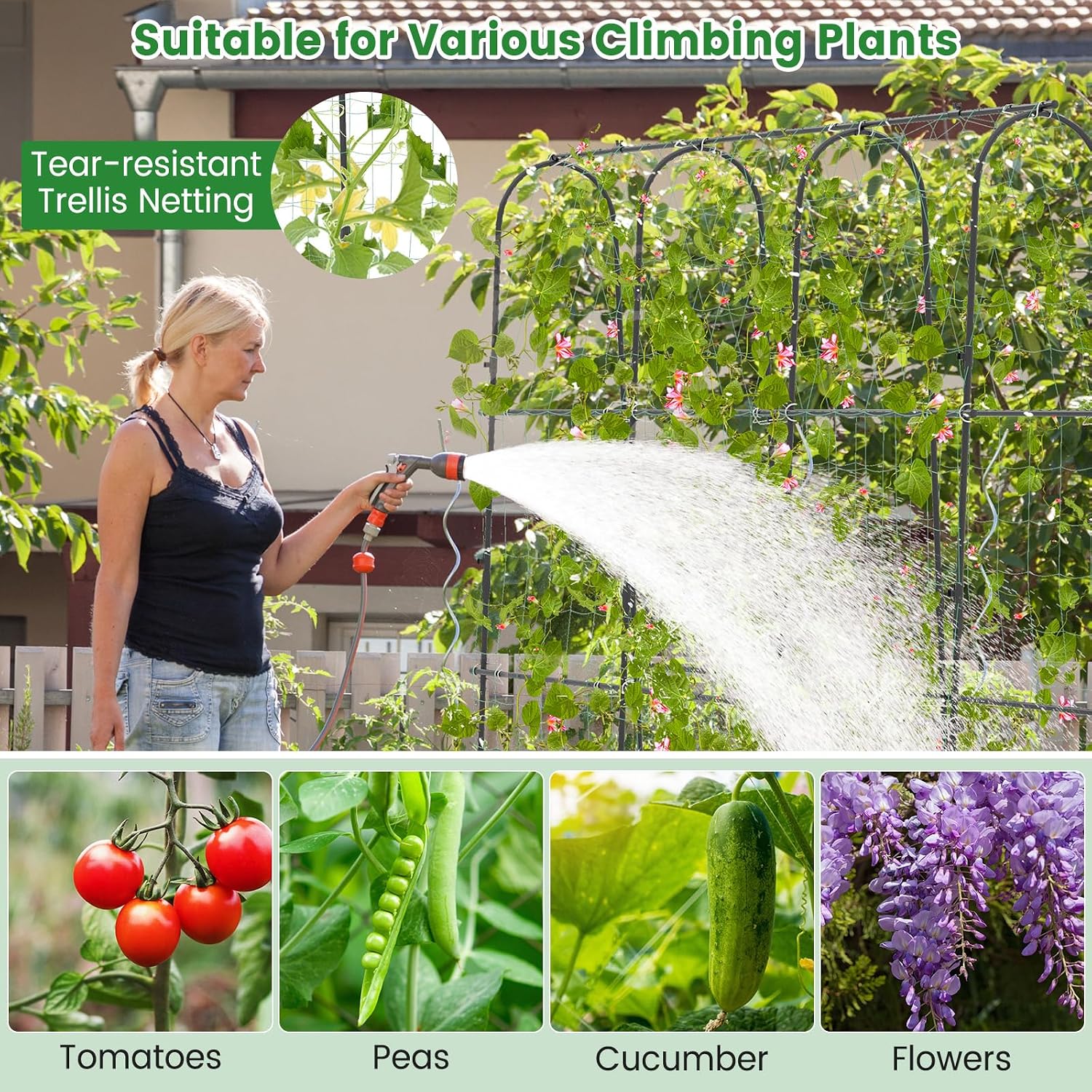 71" x 71" Cucumber Trellis for Raised Bed, Garden Arch Trellis Metal Plant Support Frame with Netting, Sure-Clips &