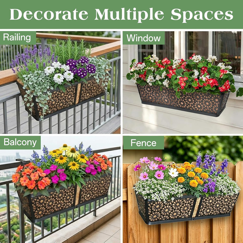 3 Pack Over Railing Planter Box, 24 Inch Window Box with Coco Liner | with Adjustable Brackets, Rust-Resistant Metal