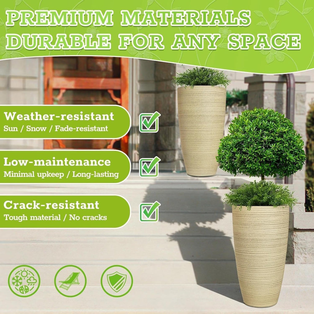 ZMTECH 4 Pack Plastic Planters 21/18/12/10in, Beige Faux Stone Finish Round Flower Pots with Drainage Holes & Saucers