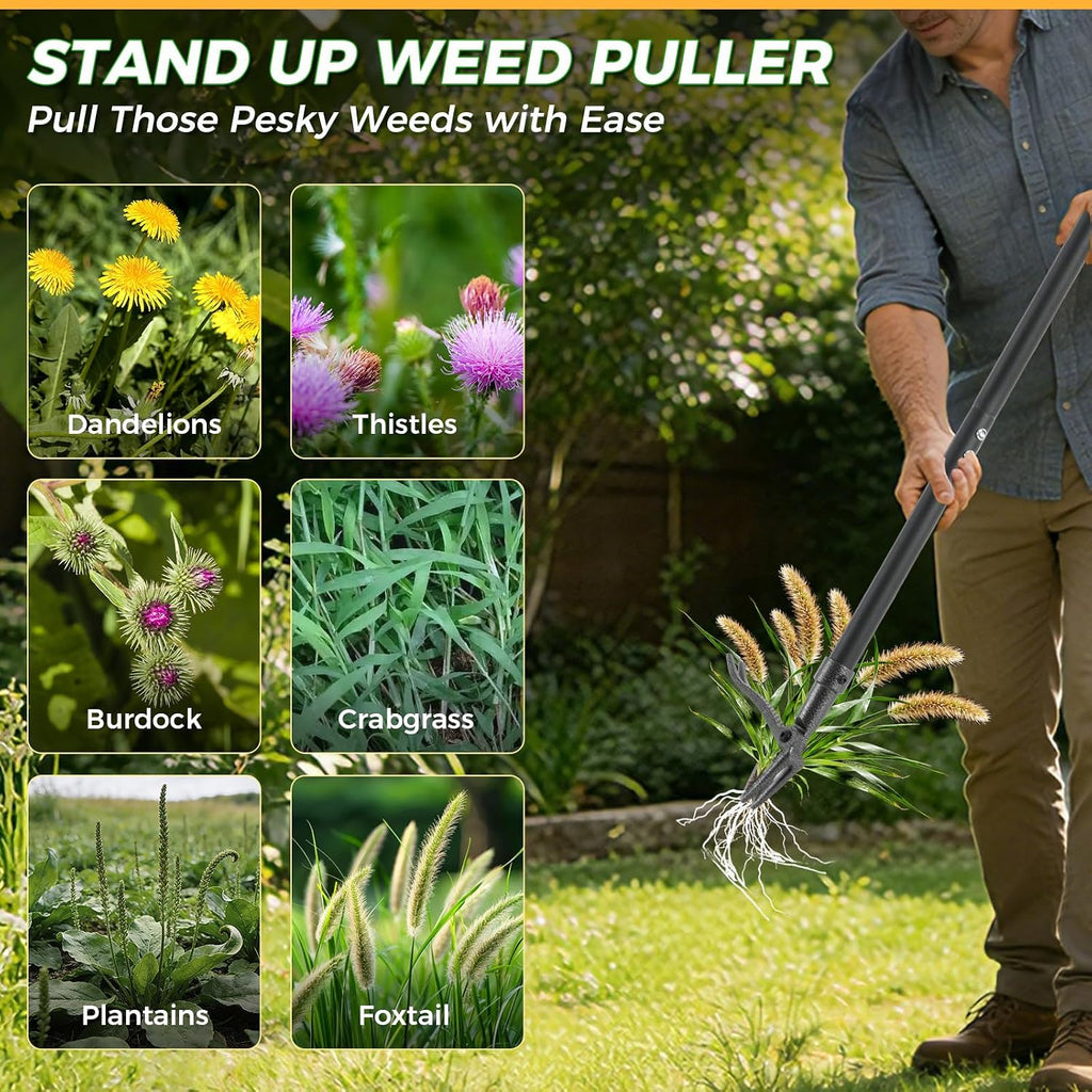 Stand Up Weed Puller Tool, 46" Adjustable All-Metal Long Handle Weeder with 4-Claw Steel Head, Remove Weeds by Roots