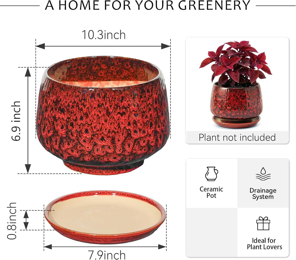 10.3 Inch Ceramic Planter with Saucer,Modern Garden Pots with Drainage Hole Mesh Net, for Indoor Outdoor Use (Speckle