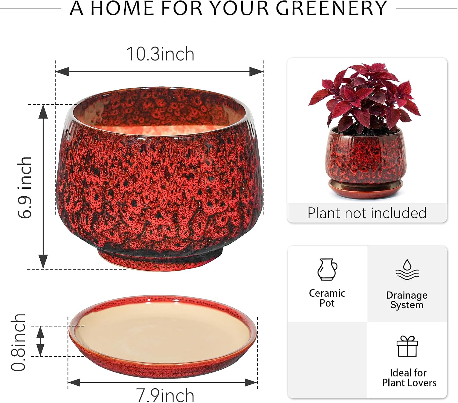 10.3 Inch Ceramic Planter with Saucer,Modern Garden Pots with Drainage Hole Mesh Net, for Indoor Outdoor Use (Speckle