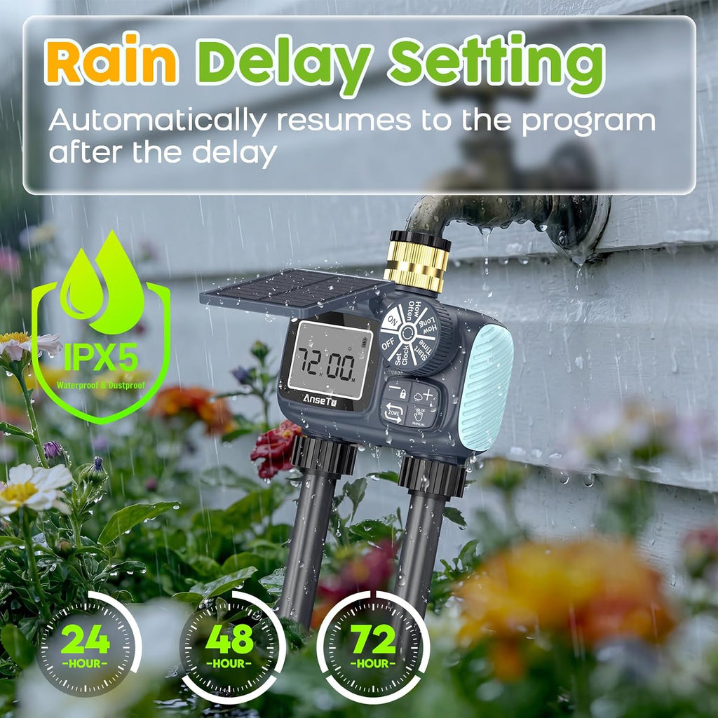 Solar Sprinkler Timer,2 Zone Brass Inlet Water Timer for Garden Hose | Programmable Intelligent Automatic Plant