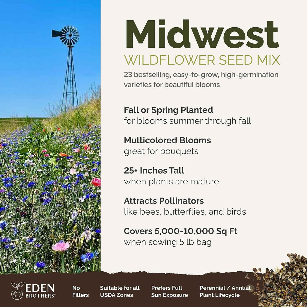 Eden Brothers Midwest Wildflower Mixed Seeds for Planting, 5 lb | 2,400,000+ Seeds with Cornflower, Candytuft, Mexican