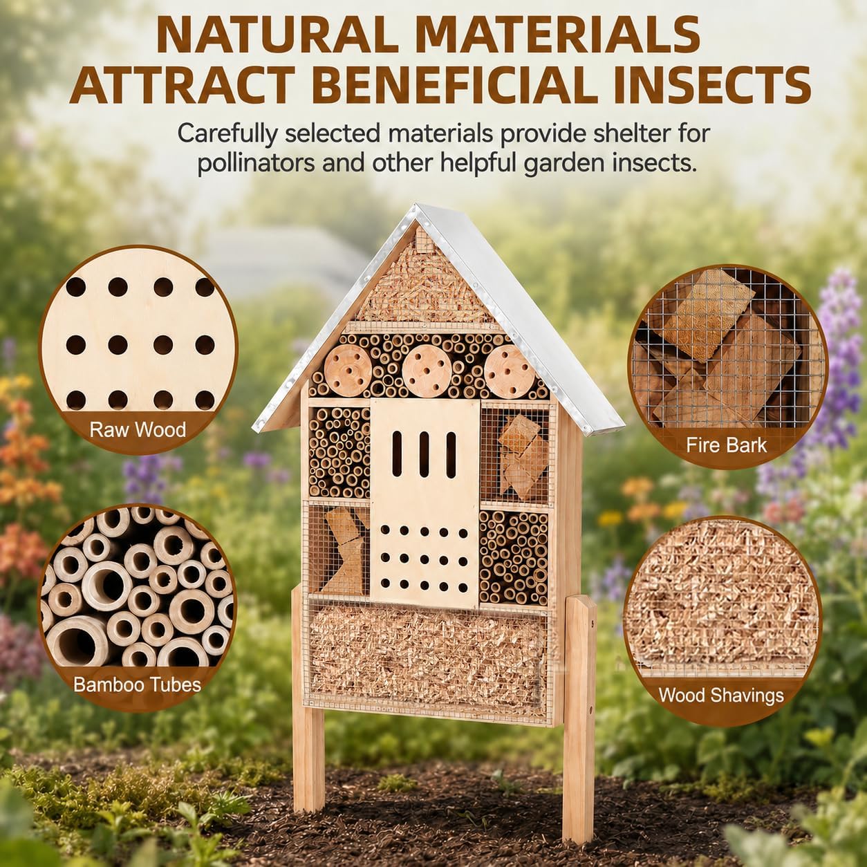 antiai Extra Large Wooden Insect House with Stakes,Wood Mason Bee Butterfly House,Insect Hotel,an Outdoor Bamboo