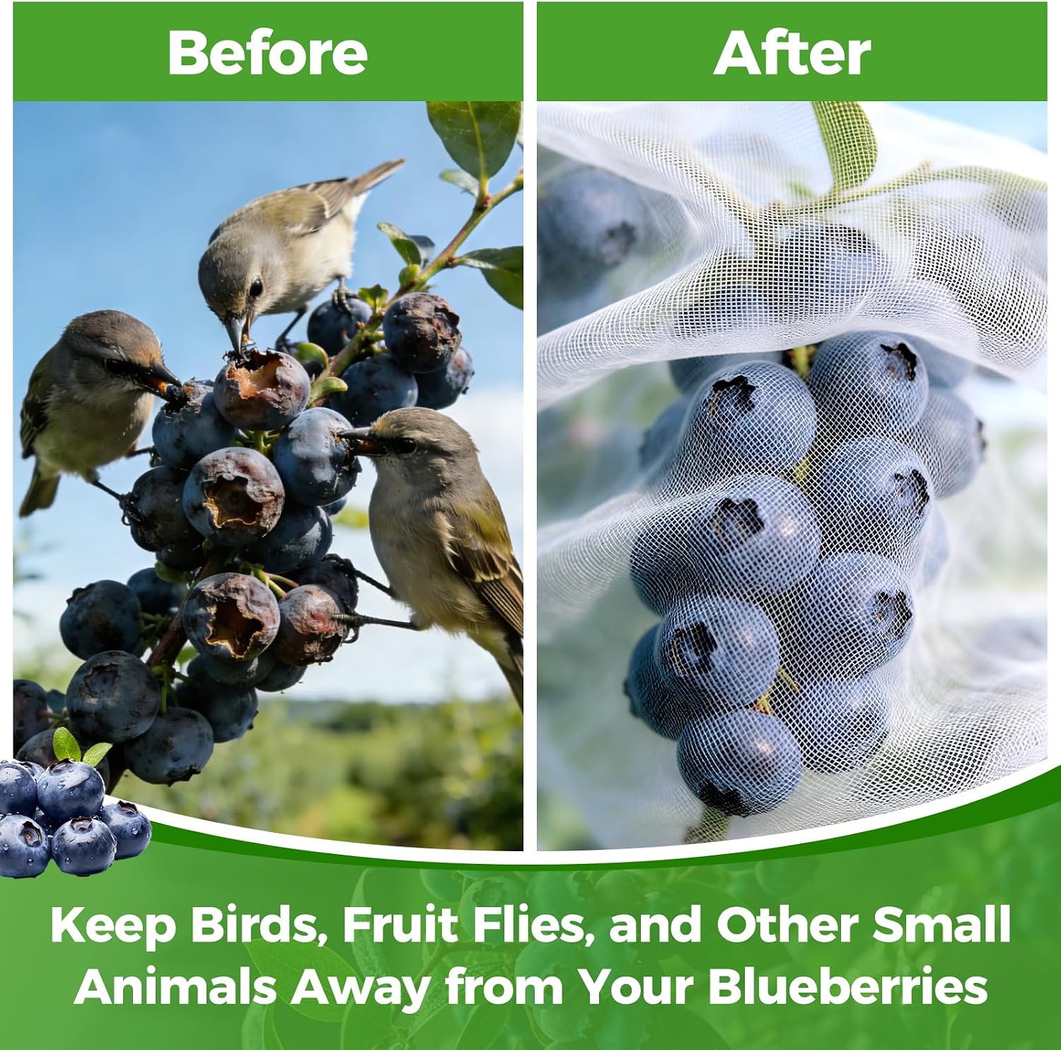 Blueberry Bush Netting Cover 2 Pack 8 x 8 ft, Bird Netting with Zipper & Drawstring, Reusable Berry Bush Netting for
