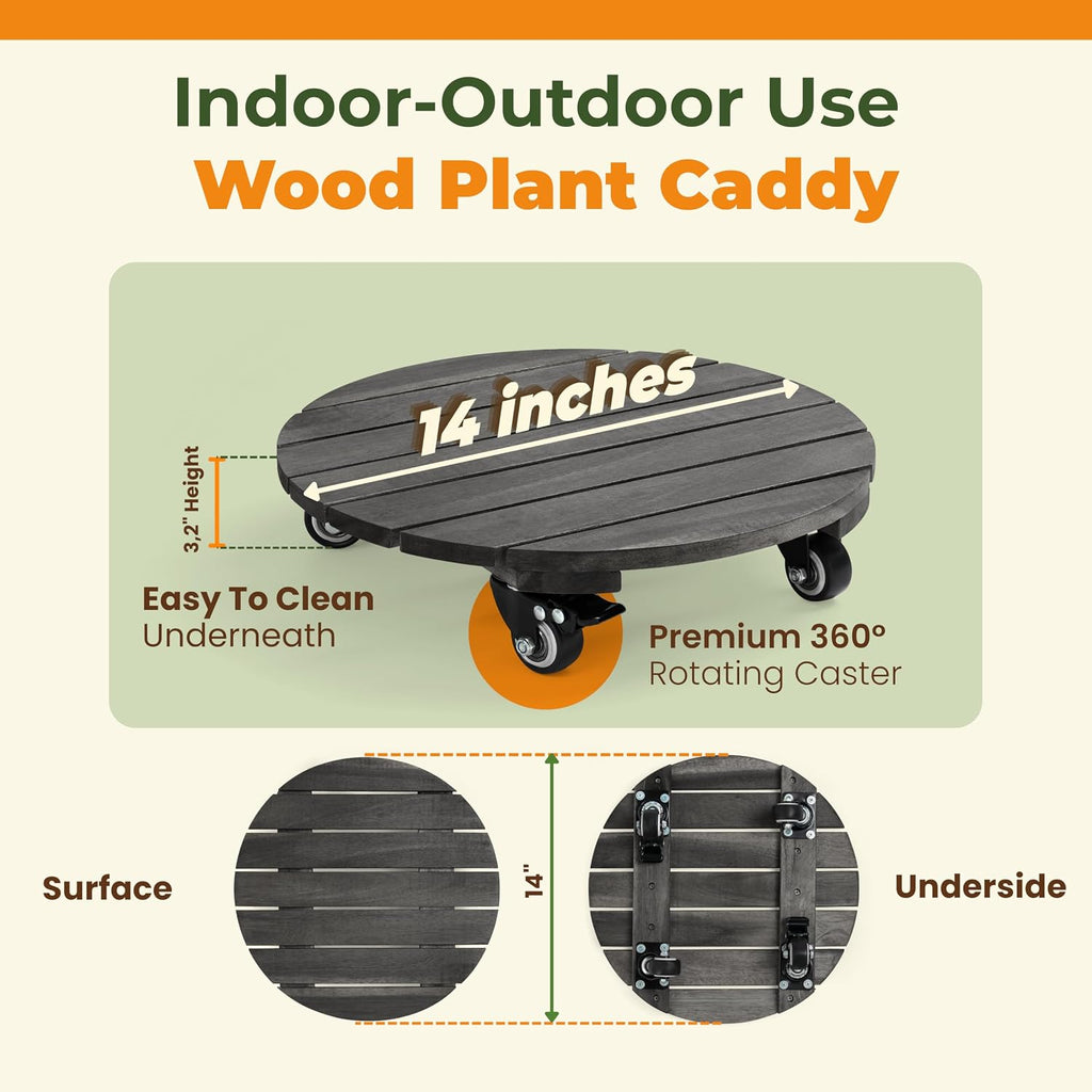 Jurax Wood Plant Caddy with Wheels – Heavy Duty Plant Dolly Holds Up to 286 lbs, 360° Lockable Casters, Rolling Plant