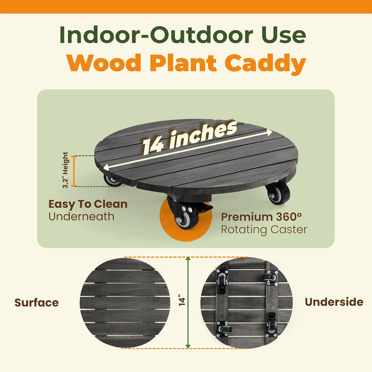 Jurax Wood Plant Caddy with Wheels – Heavy Duty Plant Dolly Holds Up to 286 lbs, 360° Lockable Casters, Rolling Plant