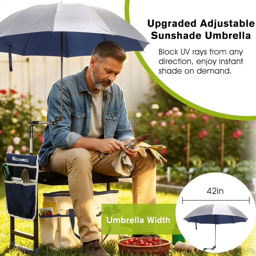 Garden Kneeler and Seat with Umbrella,Heavy Duty Gardening Bench and Stool | 2-in-1 Foldable Gardening Stool with