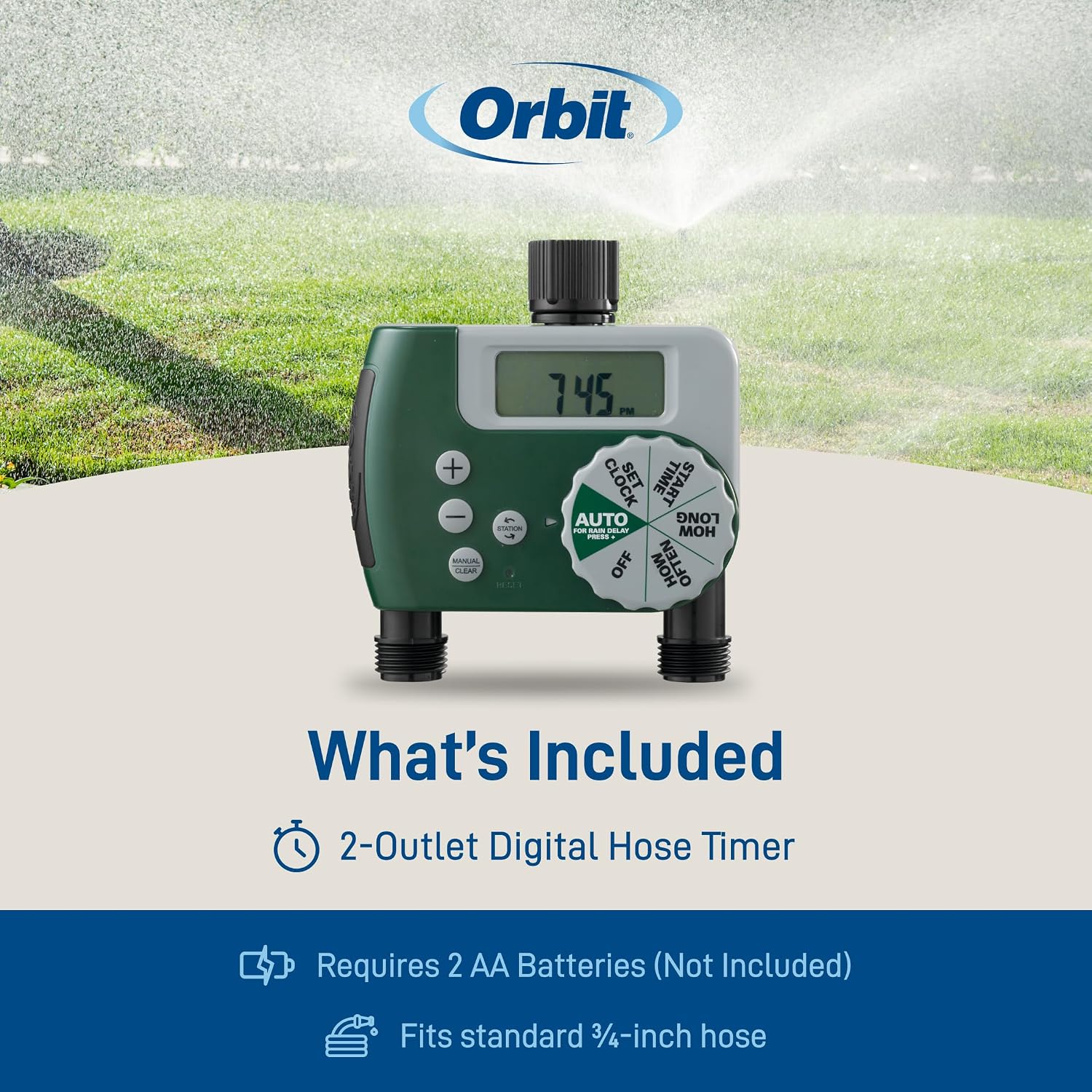 Orbit Programmable Digital Hose Watering Timer - 2 Outlet - Battery Powered - with LCD Screen - Built-in Rain Delay
