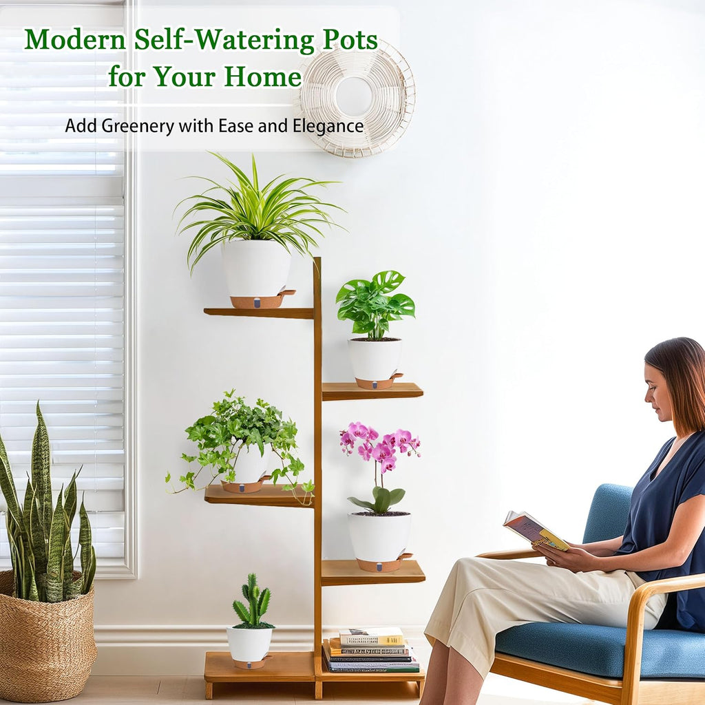 Self Watering Pots for Inoor Ourdoor Plants 8/7/6.5/6/5" Plastic Planters | Drainage Holes & Water Level Indicator