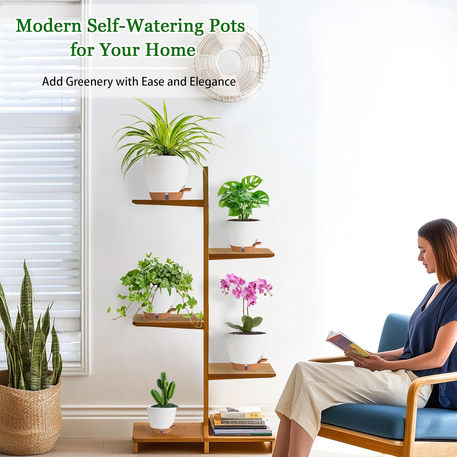 Self Watering Pots for Inoor Ourdoor Plants 8/7/6.5/6/5" Plastic Planters | Drainage Holes & Water Level Indicator