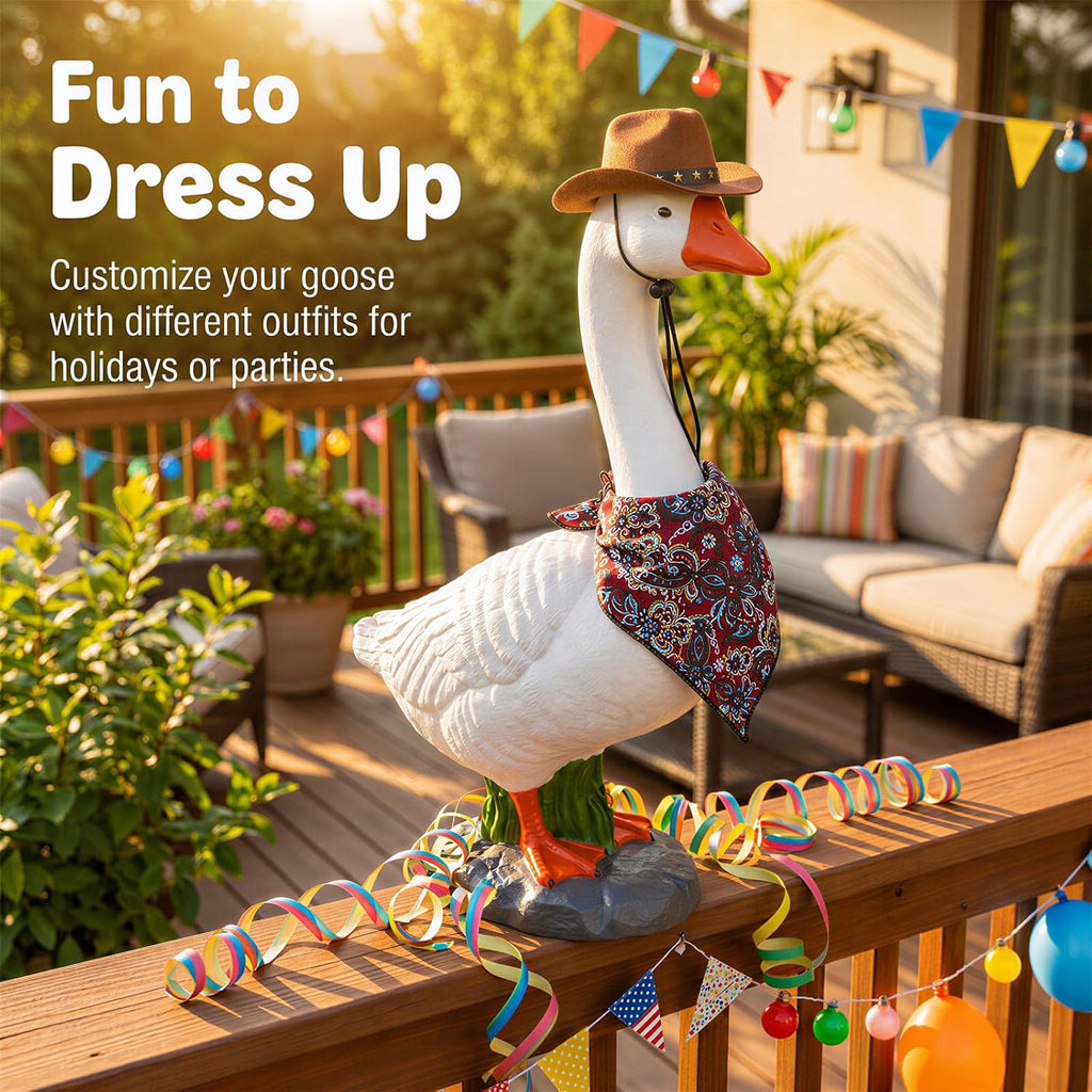 23Inch Porch Goose Statue, Hollow Resin Garden Goose with Removable Cowboy Hat & Bandana, Sand-Fillable Base for