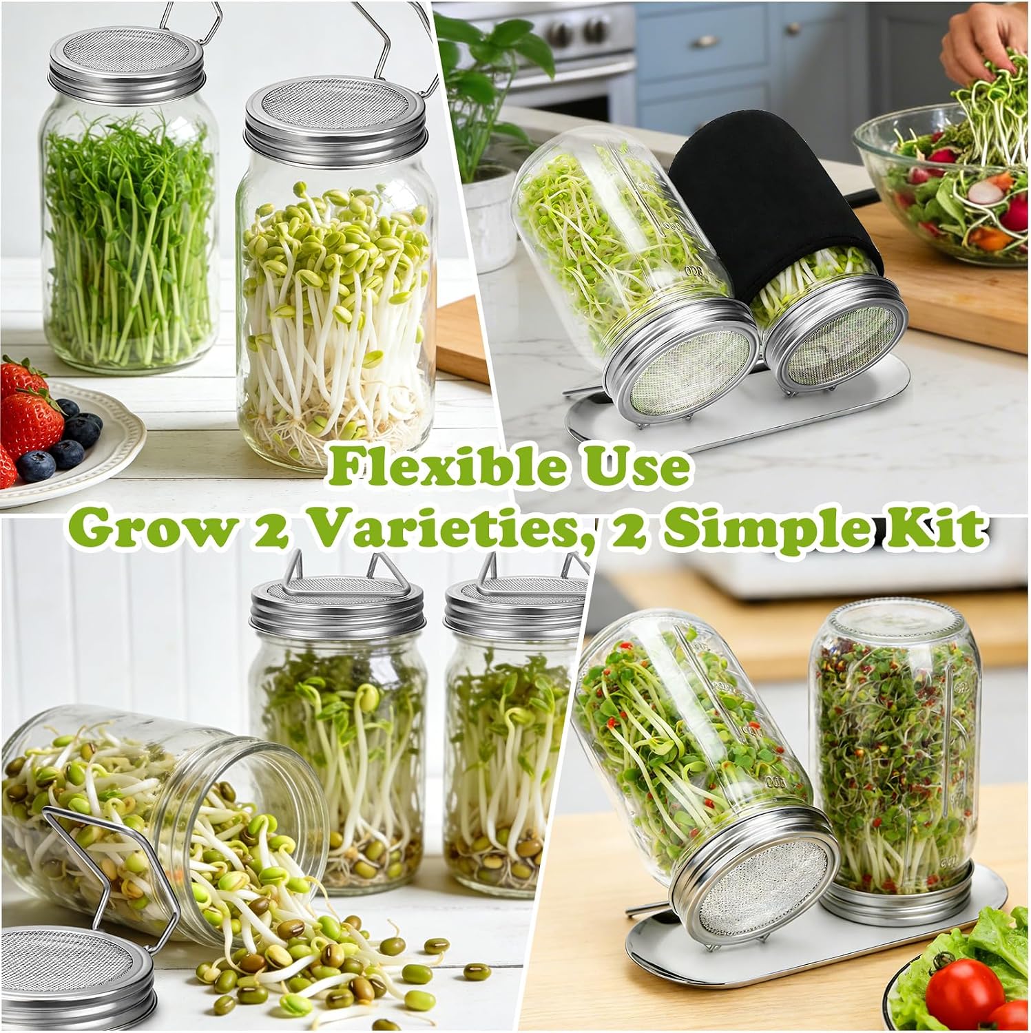 Palksky Regular Mouth Sprouting Kits with Stainless Steel Screen Sprouting Lids & Glass Mason Jars & Light-Blocking
