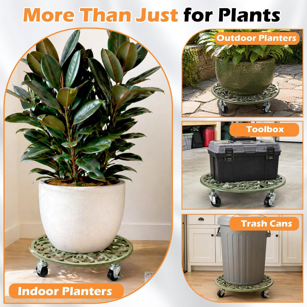 2 Pack Rolling Plant Caddy with Wheels Heavy Duty, 14 Inch Cast Iron Plant Rollers with Wheels, Planter Stand on Metal