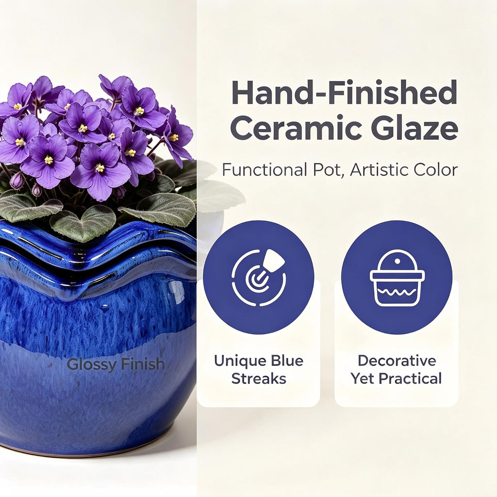 Ceramic Self-Watering African Violet Pots for Indoor Plants | 6.5 inch, Falling Blue, reactive glaze, self-watering