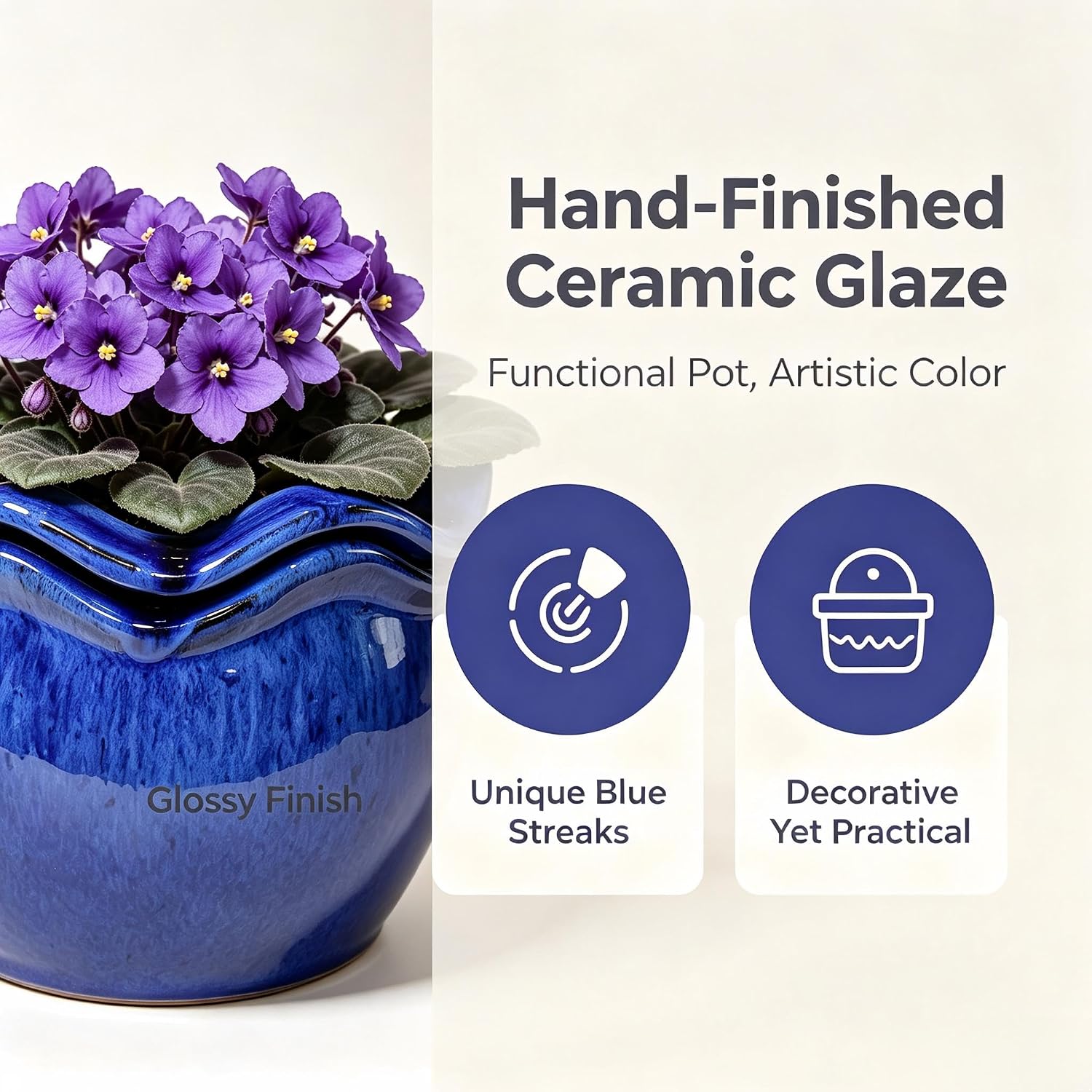 Ceramic Self-Watering African Violet Pots for Indoor Plants | 6.5 inch, Falling Blue, reactive glaze, self-watering