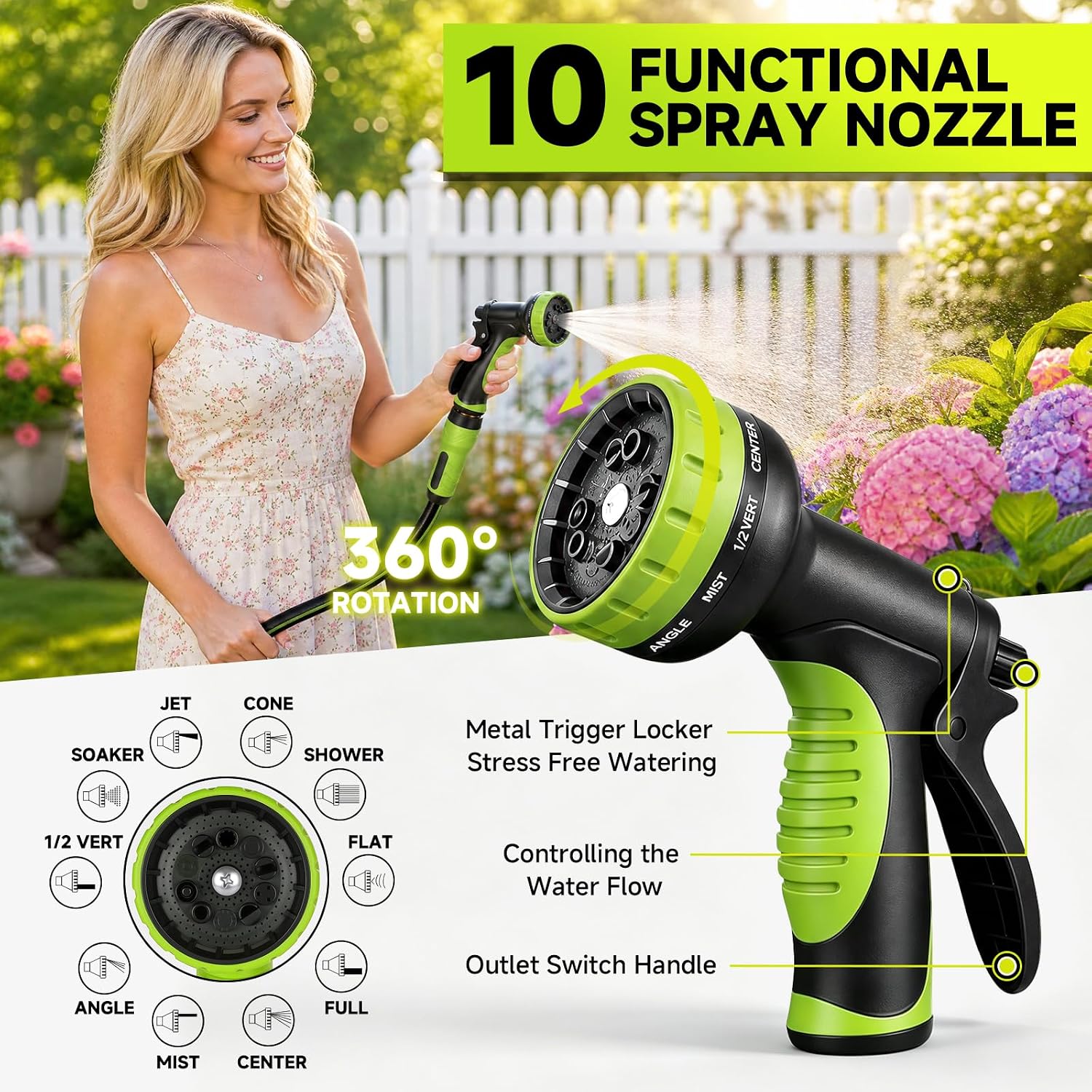 Garden Hose 50ft, Non-Expandable Heavy Duty Water Hose with 10 Function Sprayer, Flexible, Leakproof, Kink Resistant &