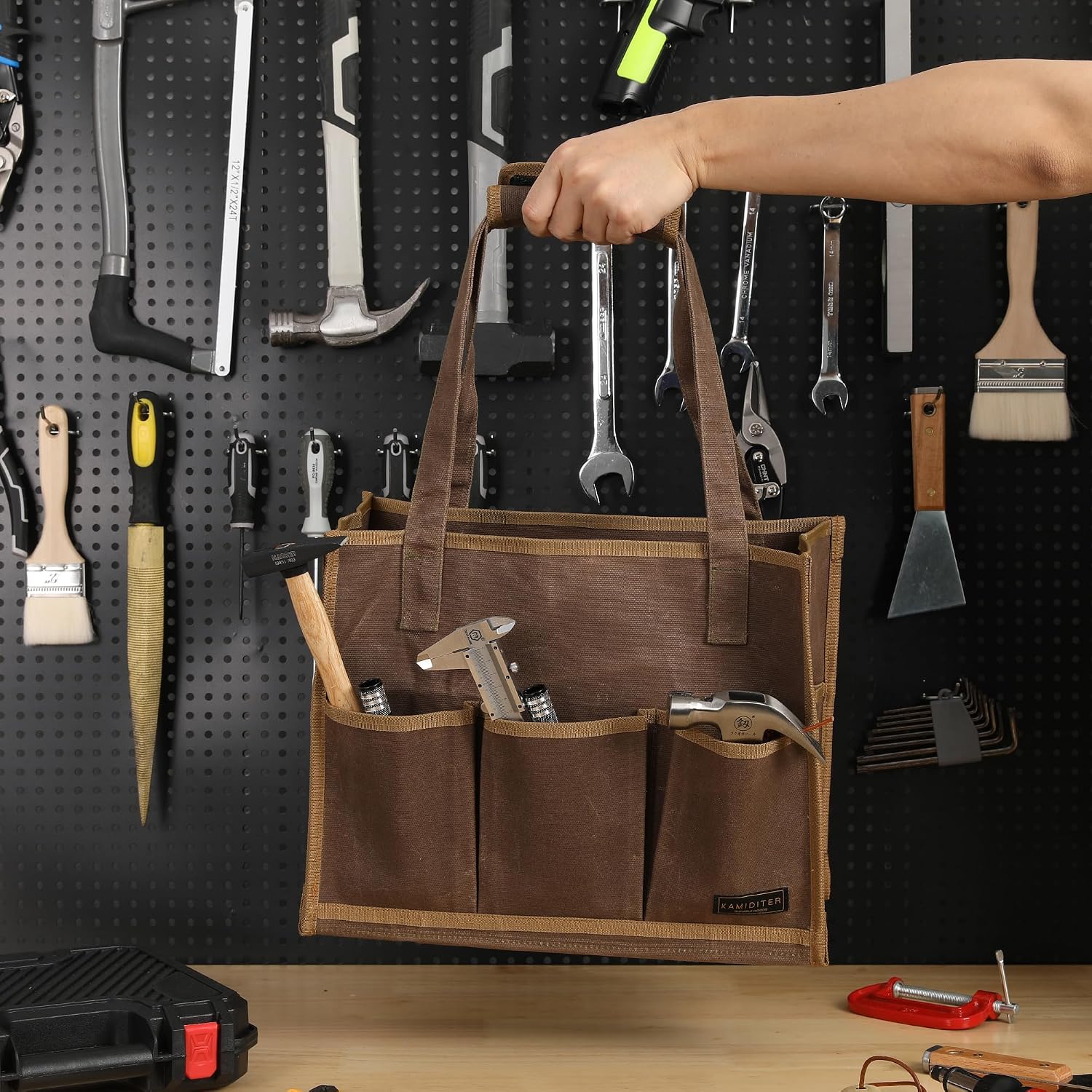 Heavy-Duty Waxed Canvas Tool Pouch - 14-Pocket Garden Tool Organizer with Removable Handle | Multi-Compartment Storage