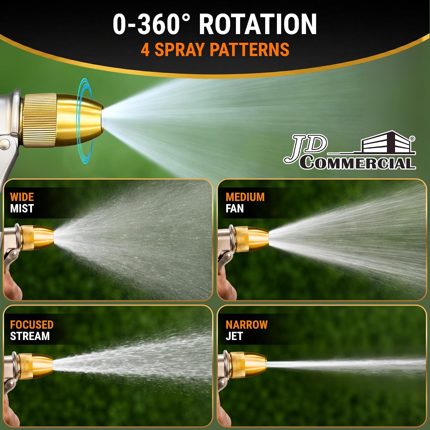 Garden Hose Nozzle Sprayer, 100% Metal High Pressure Water, 4 Spray Patterns, Leak-Proof Design, Trigger Lock for