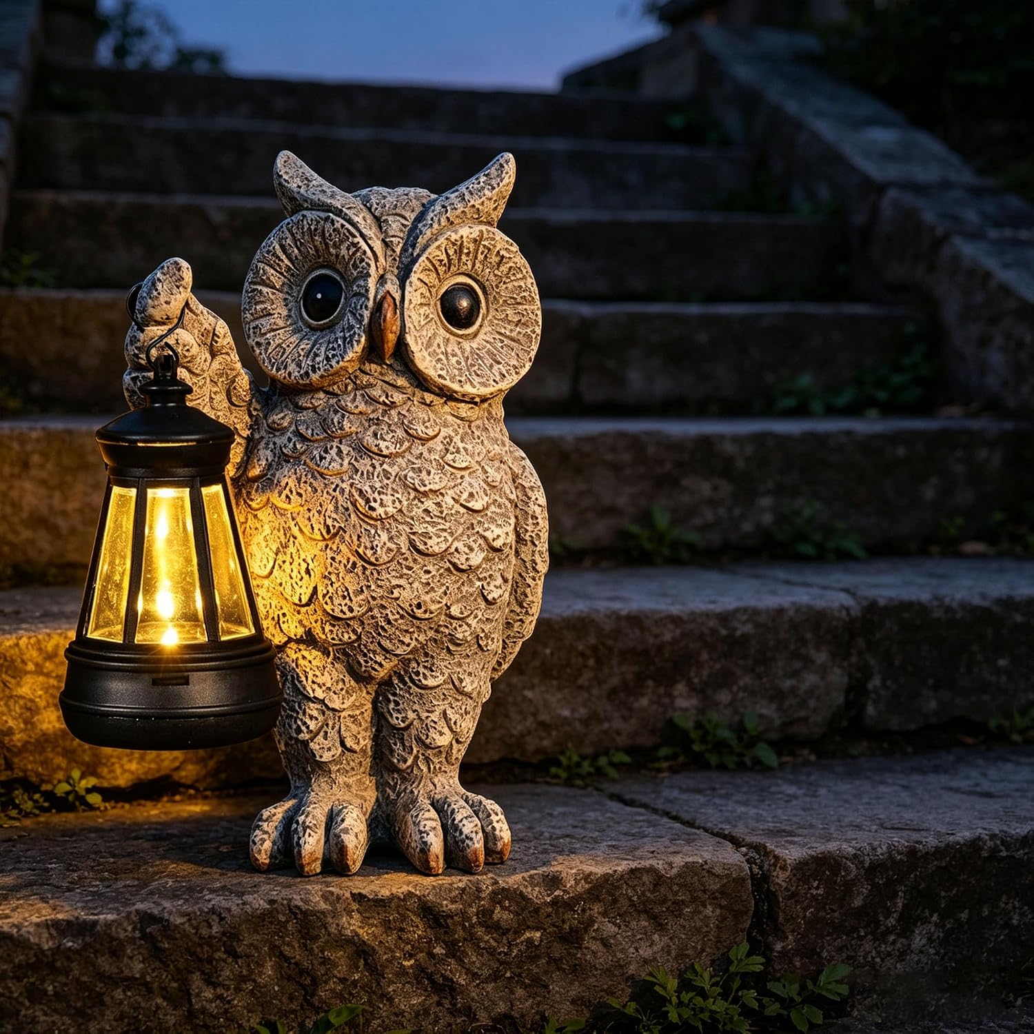 Solar Owl Garden Statue with LED Lantern, Waterproof Outdoor Resin Figurine (Grey Owl)