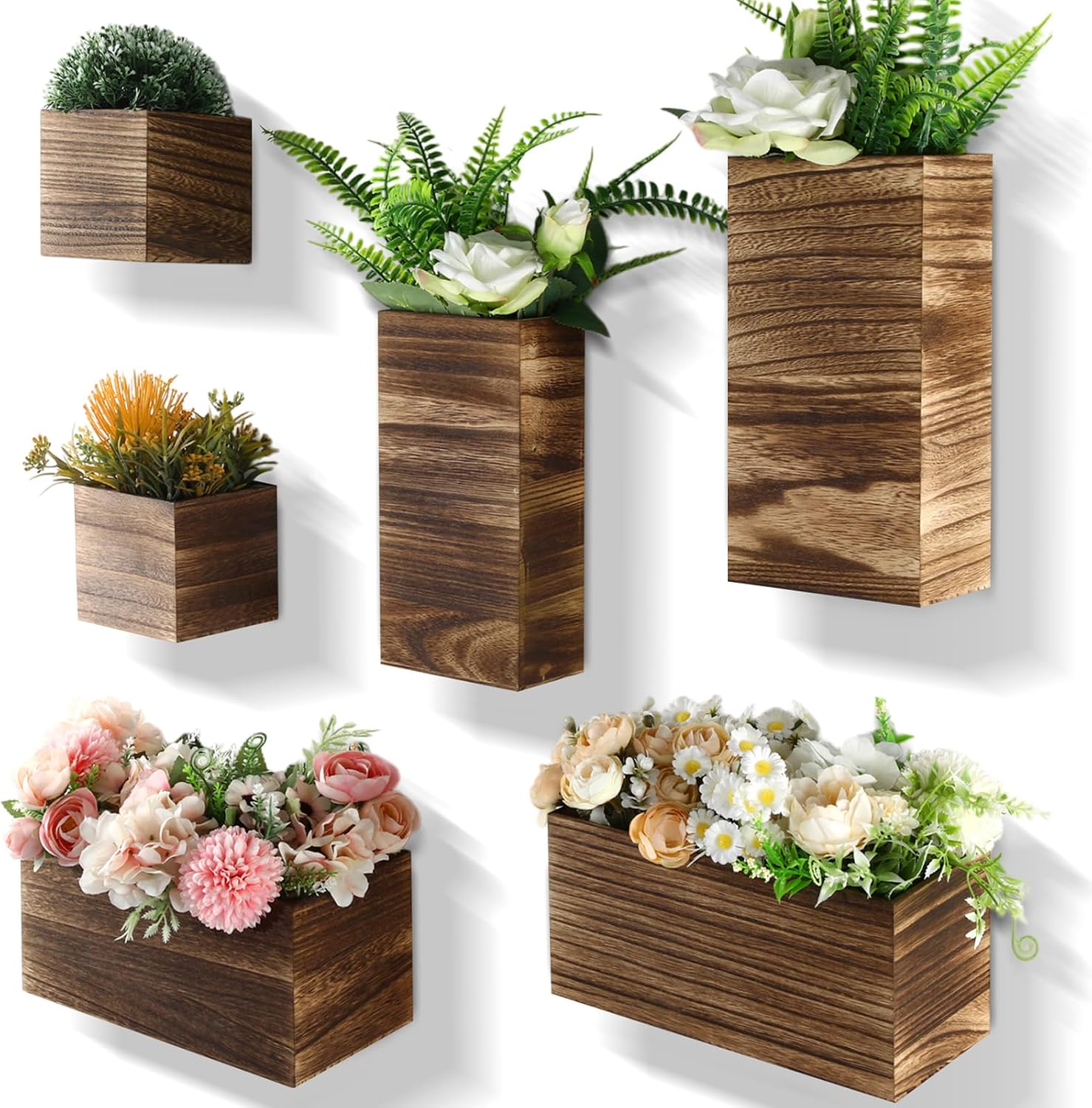 6 Pack Rustic Wood Wall Planters Hanging Wall Planters Pocket Vases Hanging Decor Vase for Plants Dried Flowers Faux