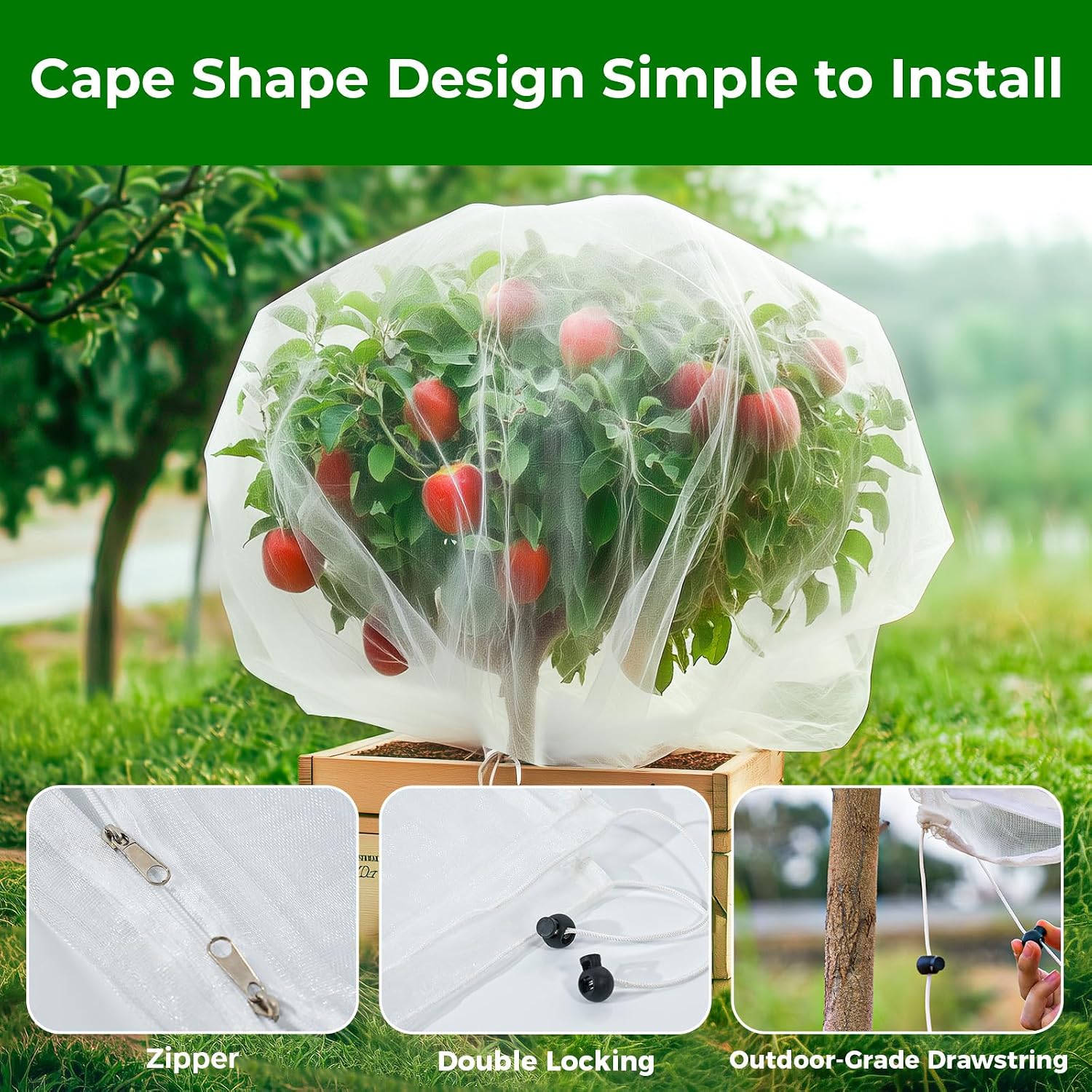6.4'x6.4' Fruit Tree Netting with 2-Way Zipper & Drawstring (2 Pack) | Garden Plant Net Pest Barrier to Prevent Cicadas