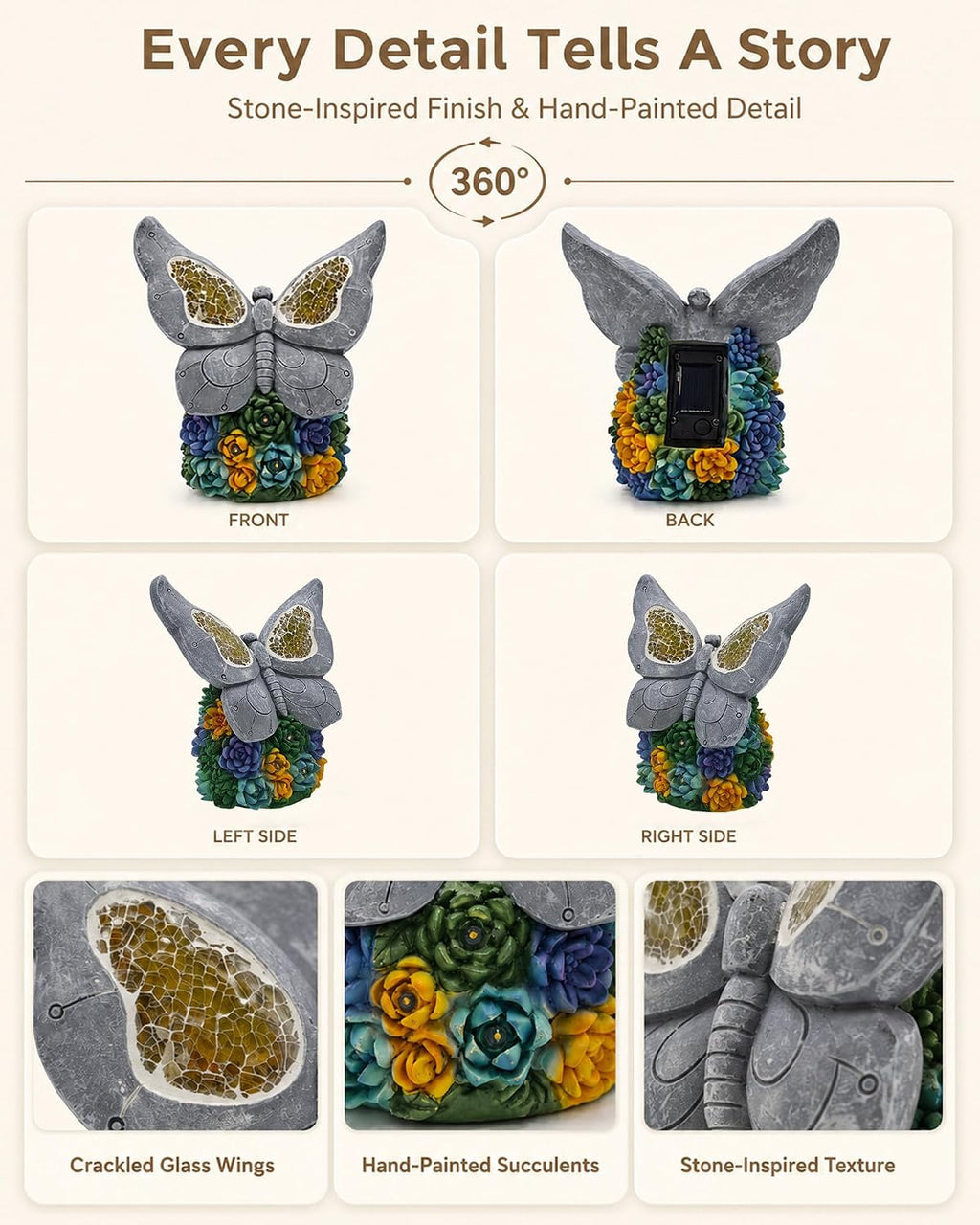 Solar Butterfly Garden Statue, Resin LED Outdoor Decor | Crackled Glass Wings, Succulent Base, Hand-Painted Detail